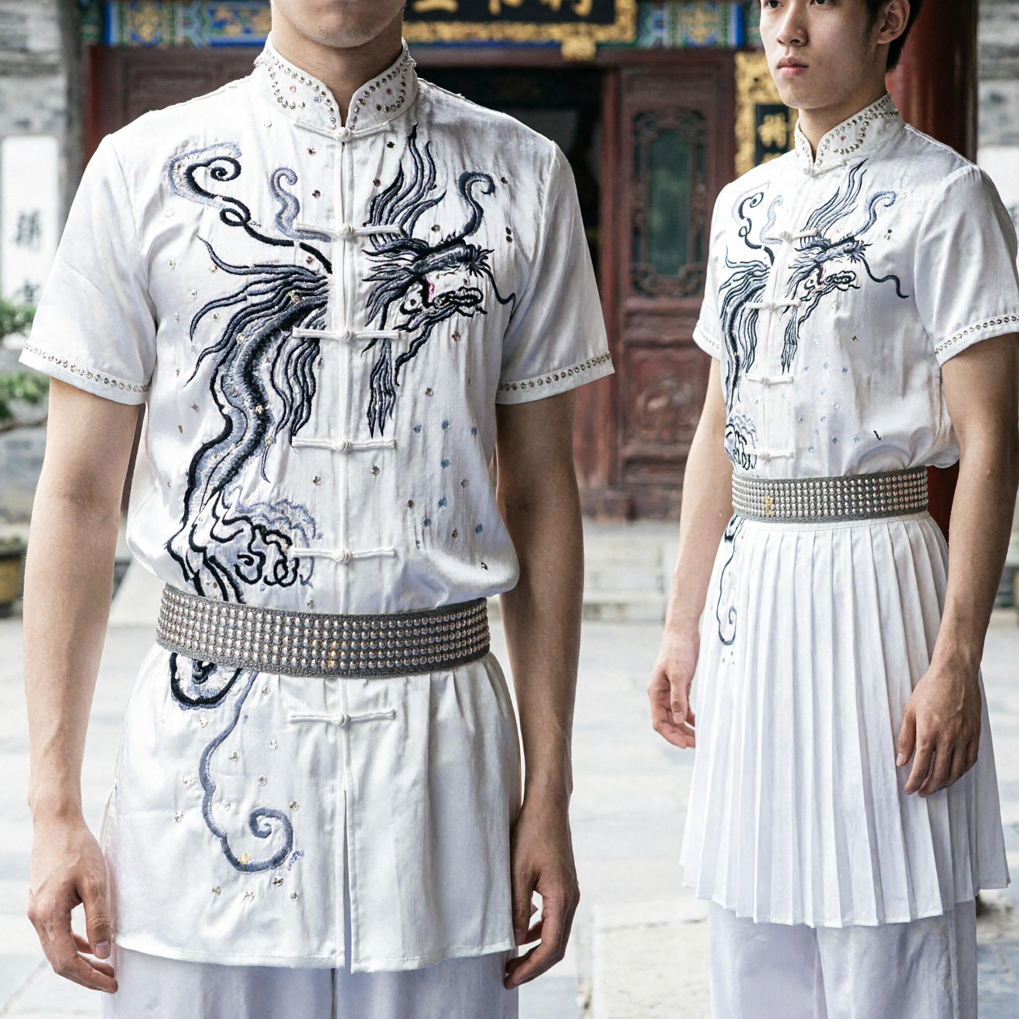 Heren witte korte mouw Chinese Kung Fu-uniform met drakenborduurwerk traditionele martial arts Tang Suit - Asian Costume