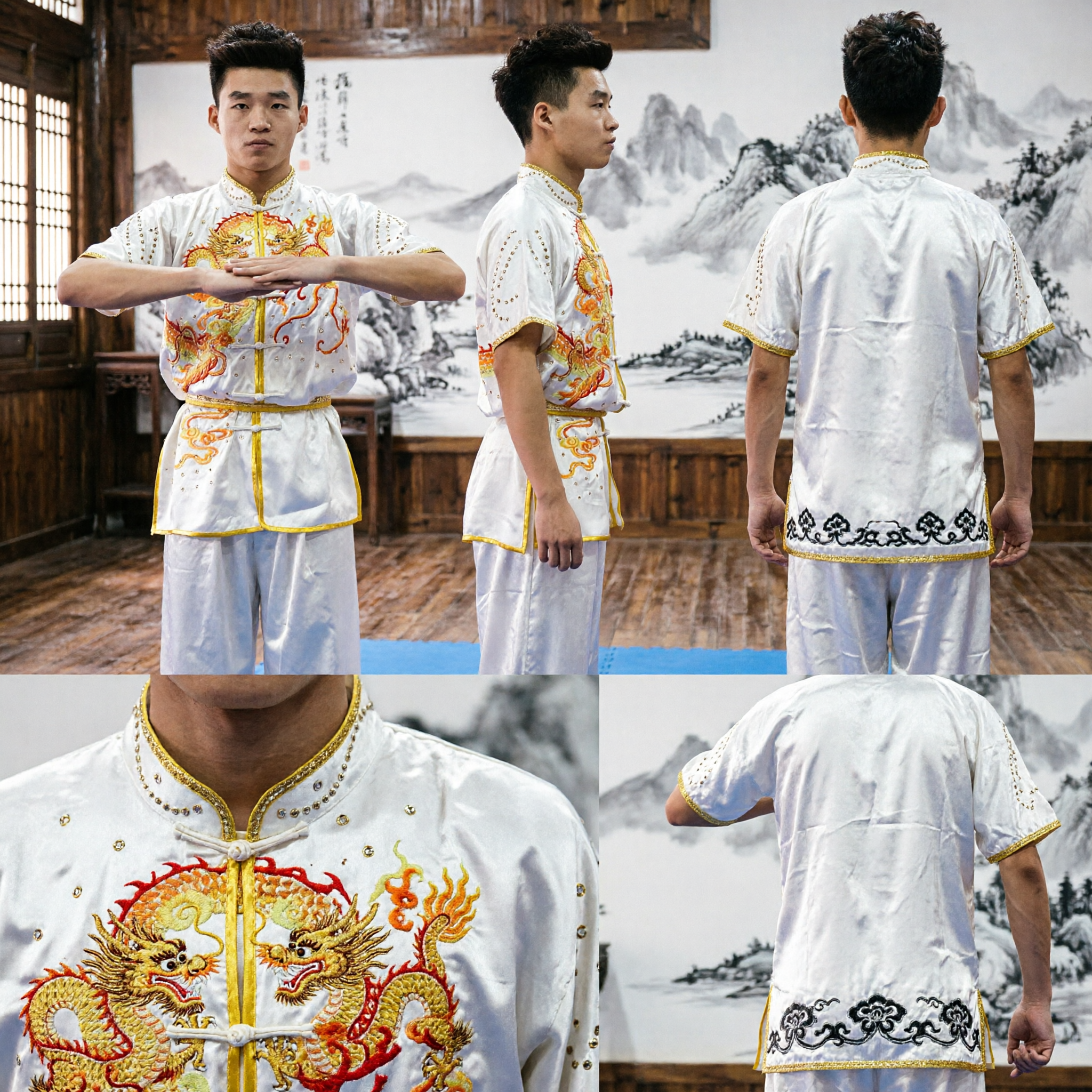 Heren wit zijden Chinese Kung Fu-uniform met gouden drakenborduurwerk voor Wushu-optreden - Asian Costume