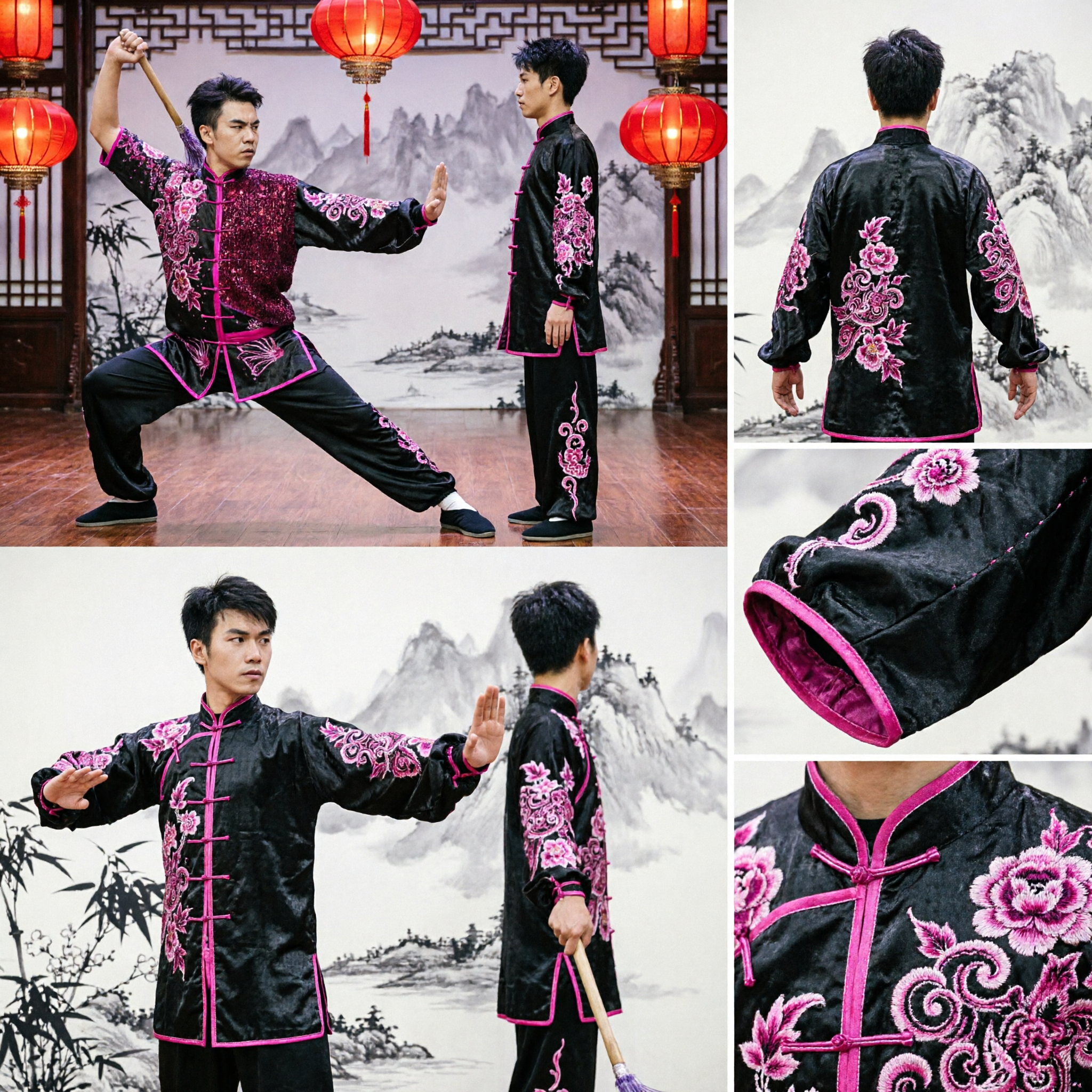 Męski profesjonalny uniform Wushu Kung Fu czarny strój z różowym haftem kwiatowym do konkursów sztuk walki - Asian Costume