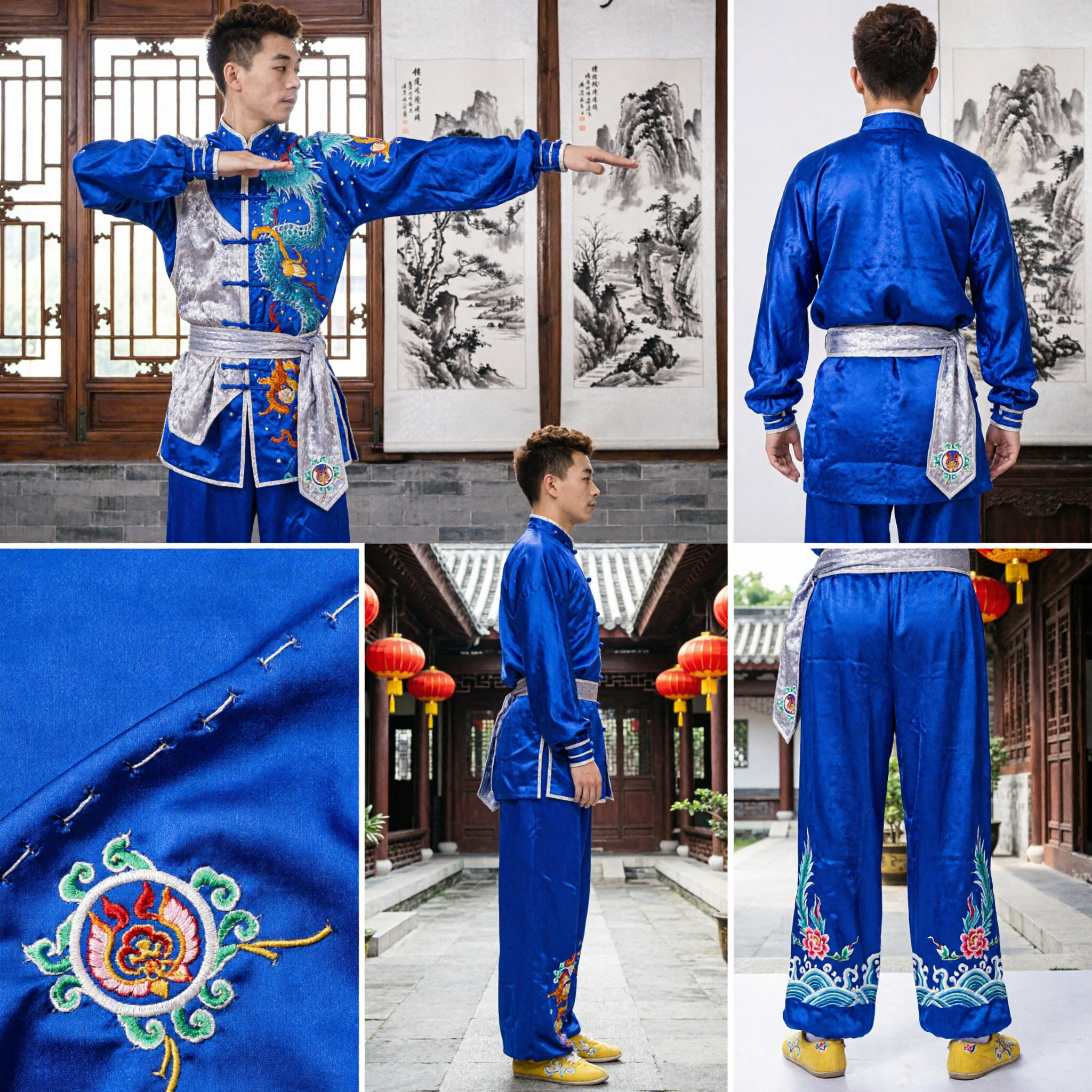 Uniforme Masculino de Wushu Kung Fu de Cetim Azul com Bordado de Dragão, Traje Tradicional de Artes Marciais para Performance e Competição - Asian Costume