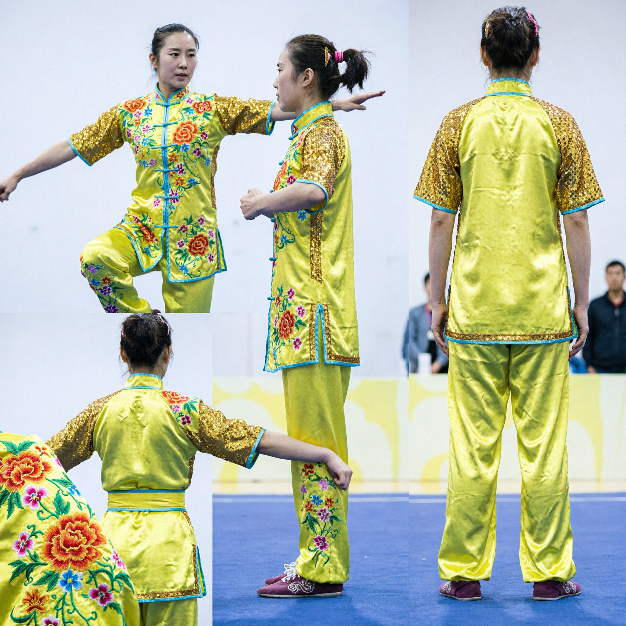Uniforme Wushu para Mujeres con Bordado Floral Amarillo, Traje Profesional de Kung Fu para Competencia en Raso - Asian Costume