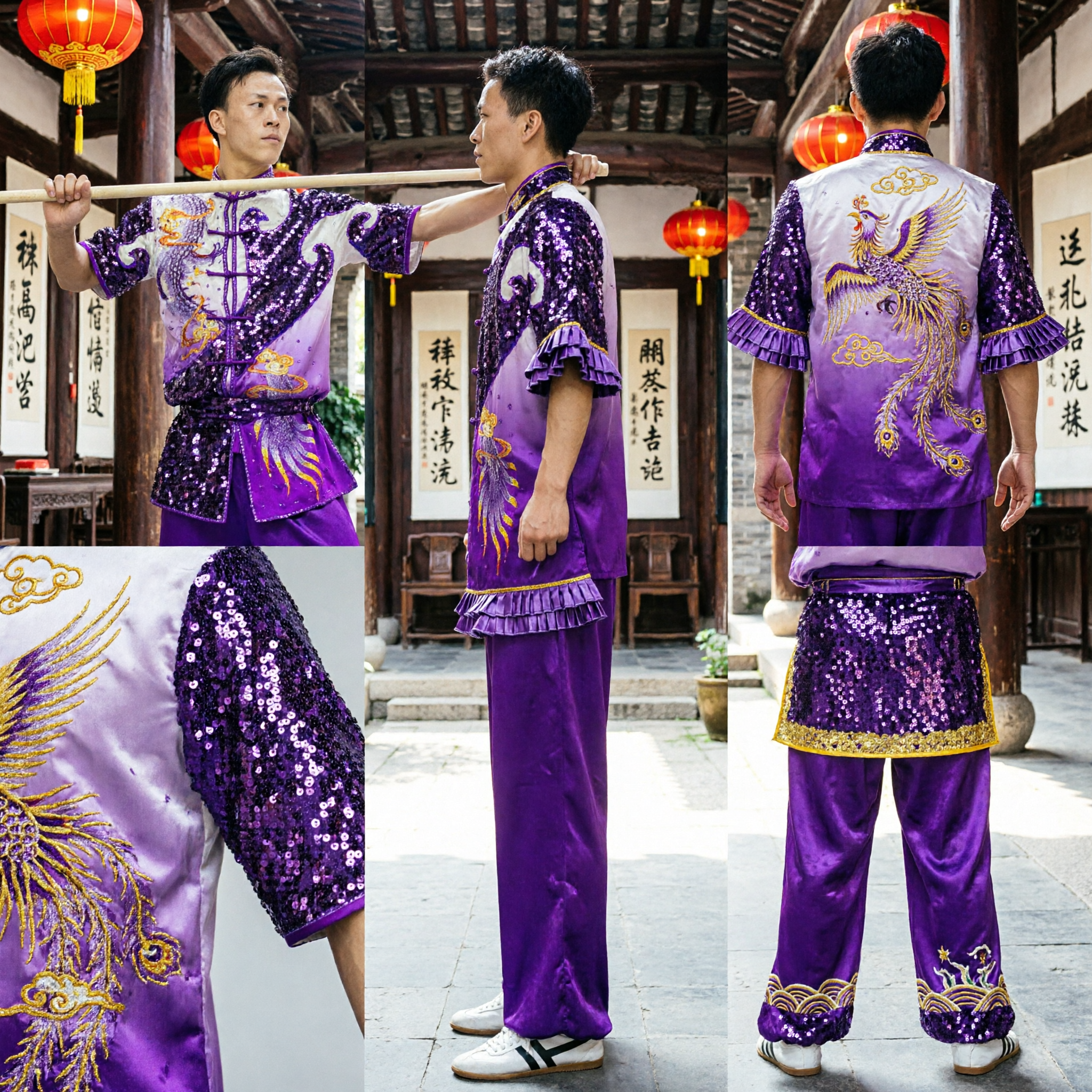 Uniforme Wushu para Hombres Púrpura con Lentejuelas, Traje Tradicional Chino de Kung Fu para Competencia y Presentación de Changquan con Bordado de Dragón - Asian Costume