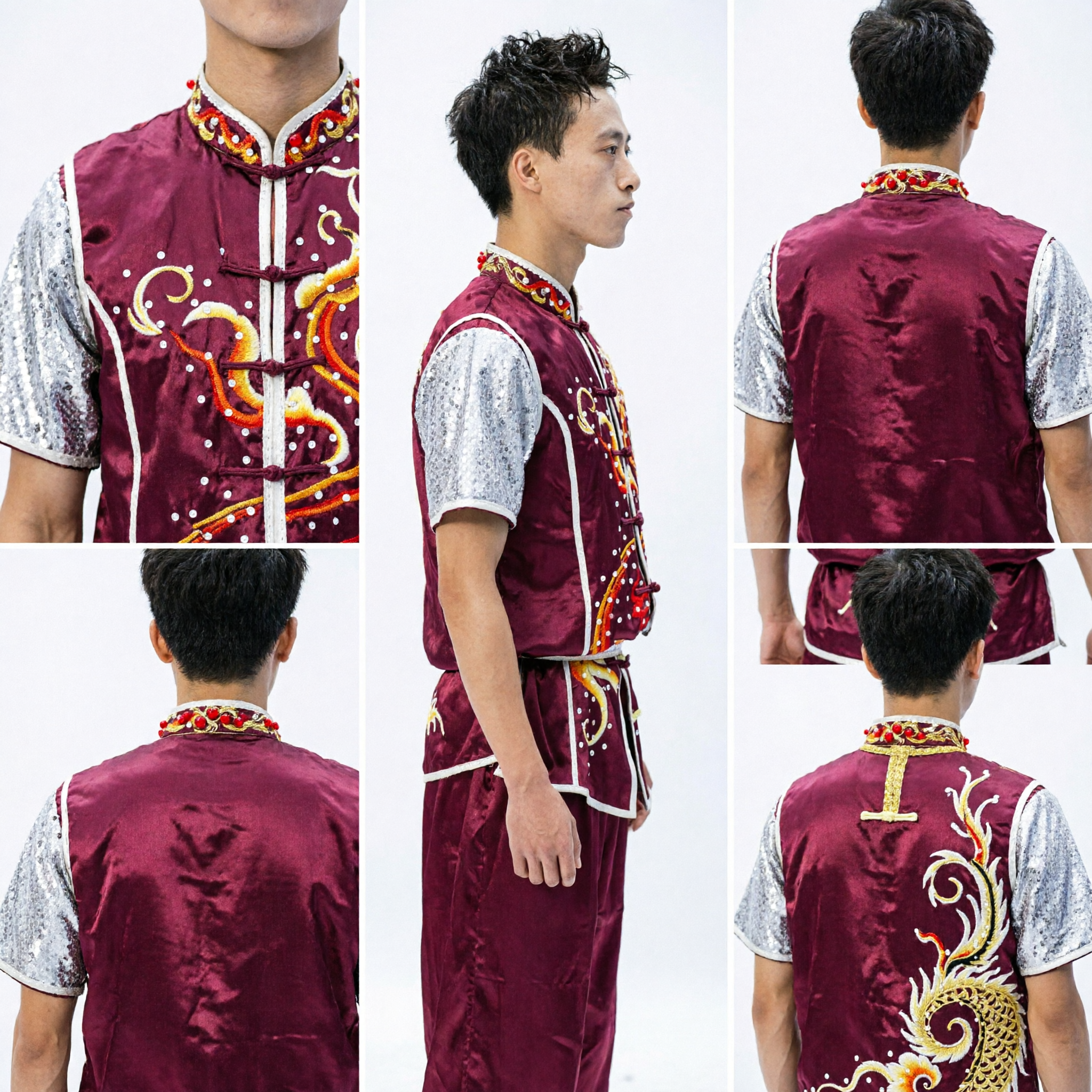 Uniforme Wushu para Hombres Borgoña con Bordado de Dragón, Traje de Kung Fu de Manga Corta para Competencia con Lentejuelas para Presentación - Asian Costume