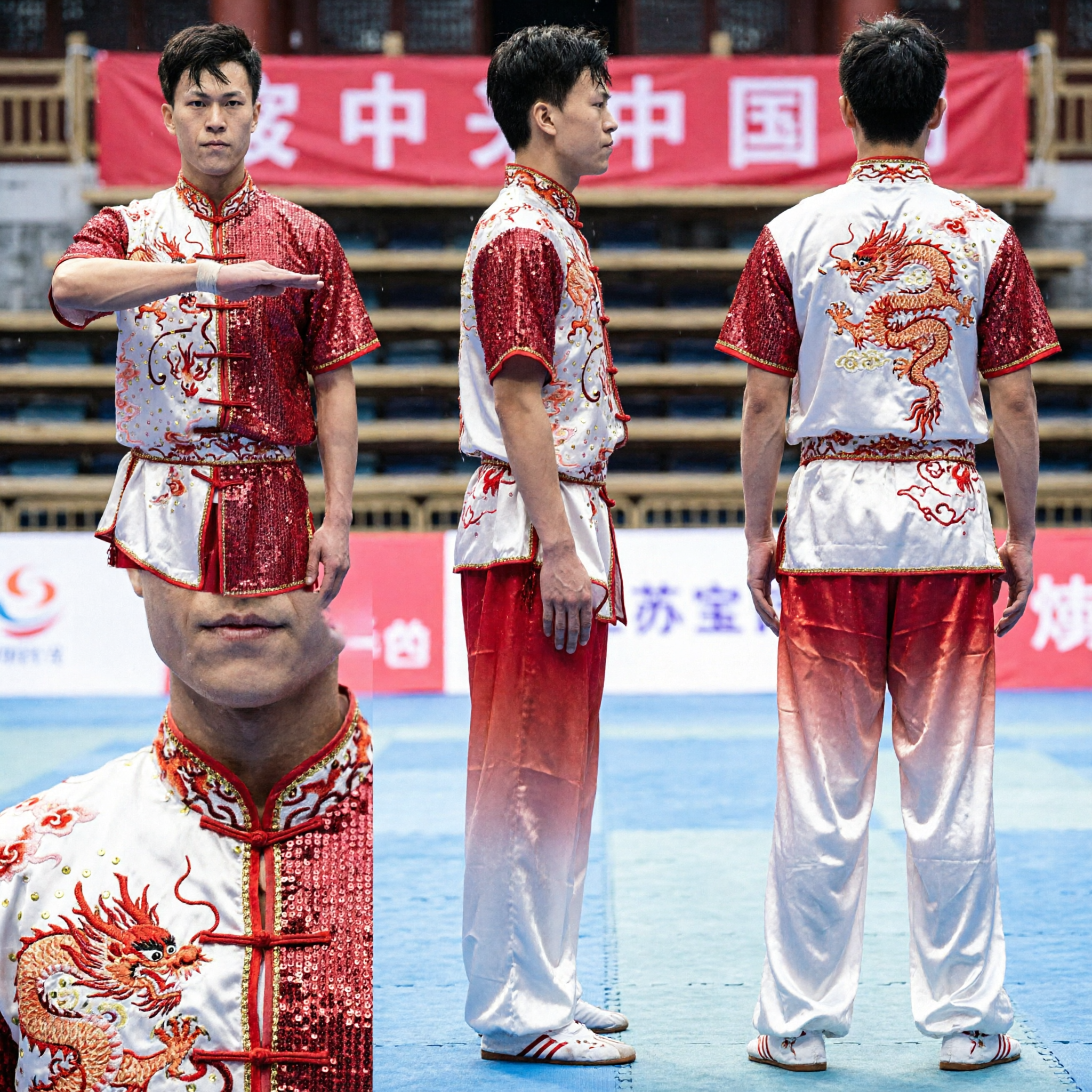 Uniforme Profesional de Wushu Kung Fu para Hombres con Bordado de Dragón y Lentejuelas, Traje para Competencia de Artes Marciales - Asian Costume