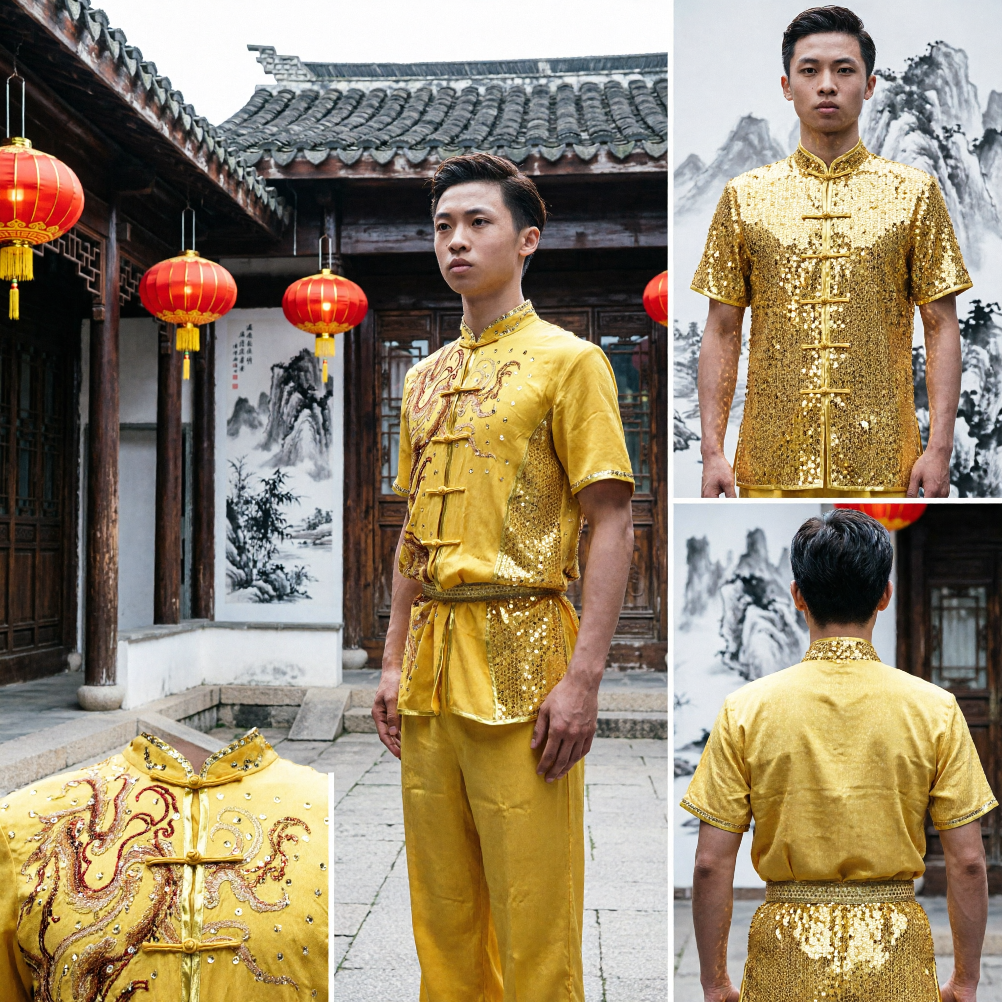 Men's Yellow Chinese Tang Suit Kung Fu Uniform Martial Arts Dragon Embroidery Performance Costume with Sequins - Asian Costume