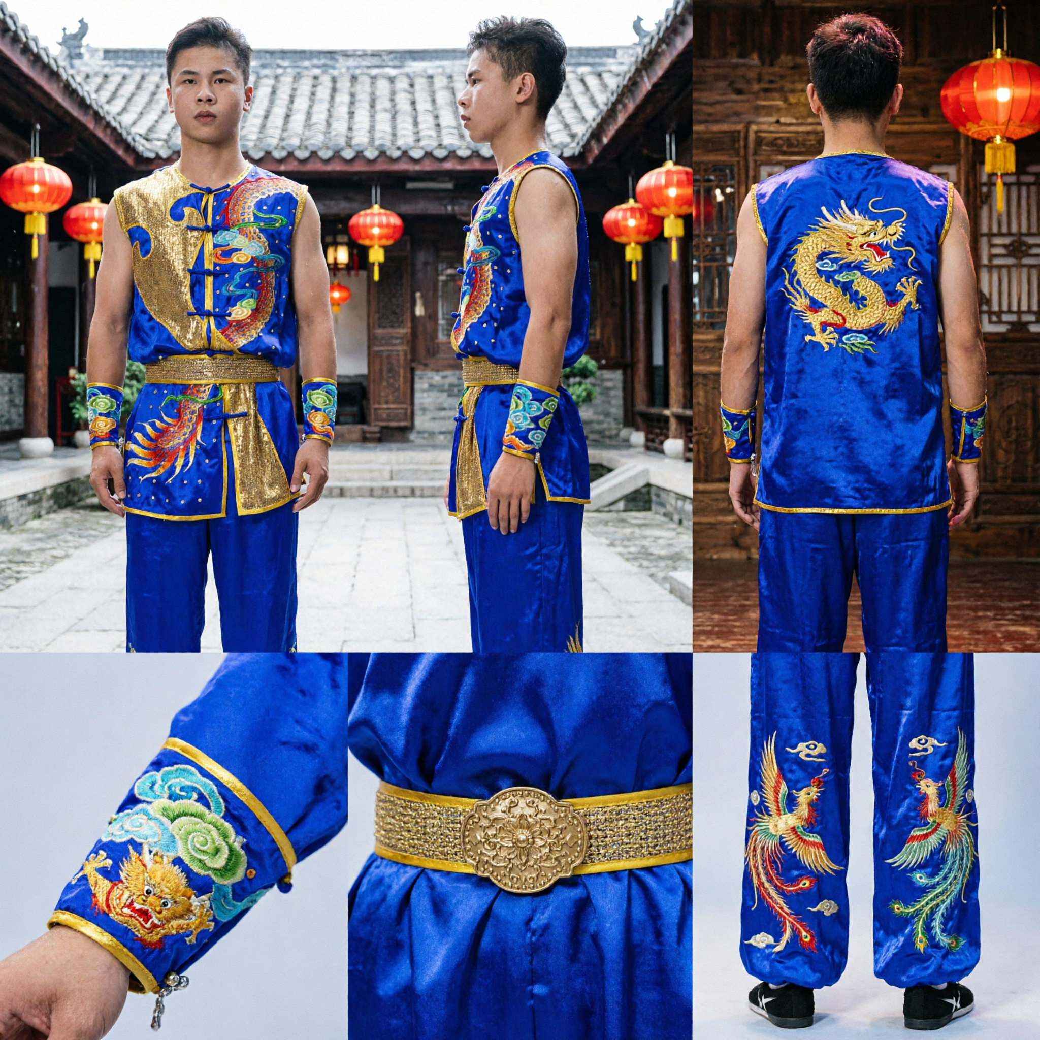Uniforme Wushu sin Mangas Azul con Bordado de Dragón Dorado, Traje Tradicional de Kung Fu para Presentación de Artes Marciales para Hombres - Asian Costume