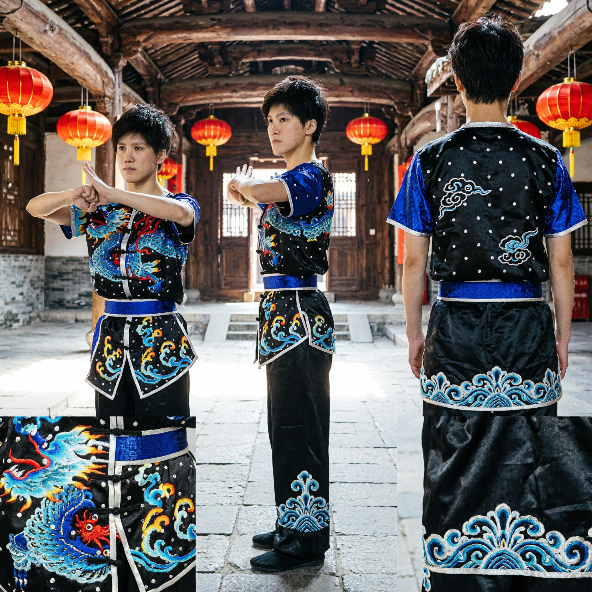 Uniforme Profissional de Wushu Kung Fu Dragão Negro com Bordado de Lantejoulas, Traje de Performance de Artes Marciais para Crianças e Adultos - Asian Costume