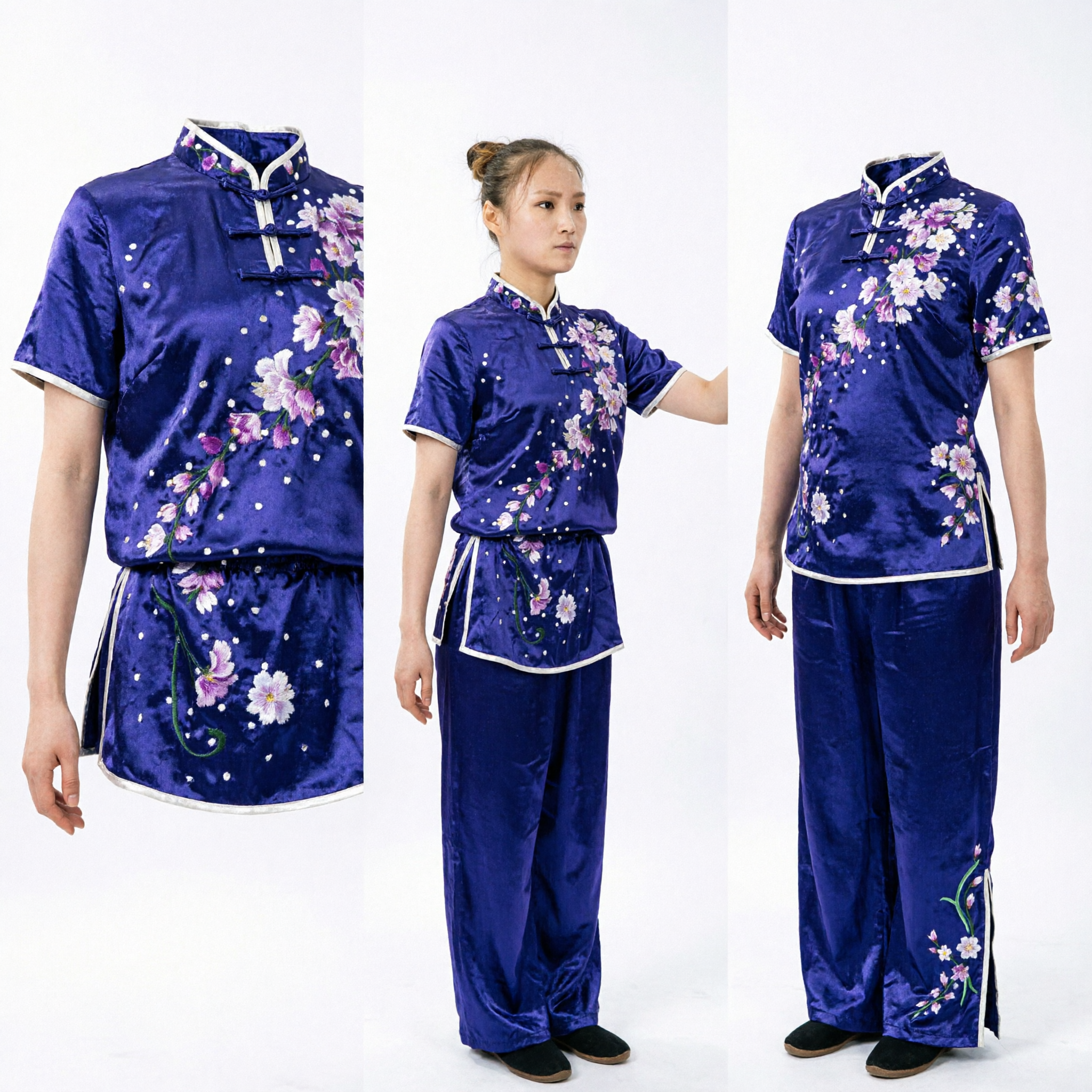Uniforme Feminino de Tai Chi em Seda Azul com Bordado Floral, Traje Tradicional Chinês de Kung Fu Wushu para Competição de Artes Marciais - Asian Costume