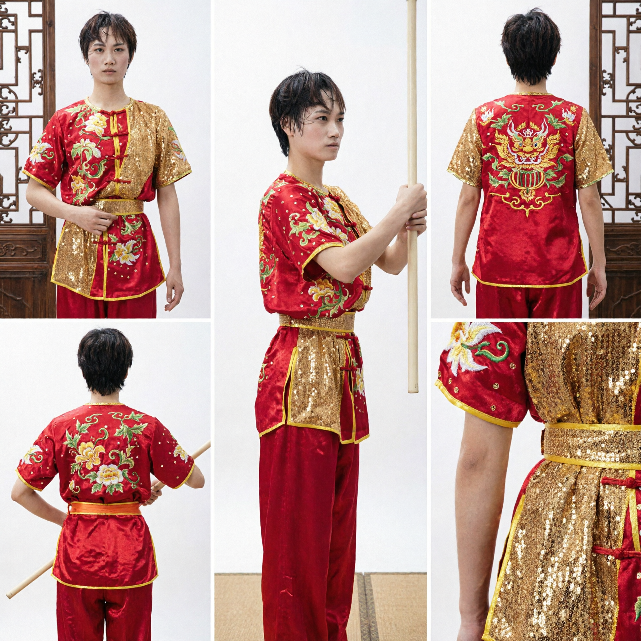 Costume da Esibizione Changquan Uniforme Wushu Ricamato in Rosso e Oro Tradizionale Cinese Kung Fu da Donna - Asian Costume