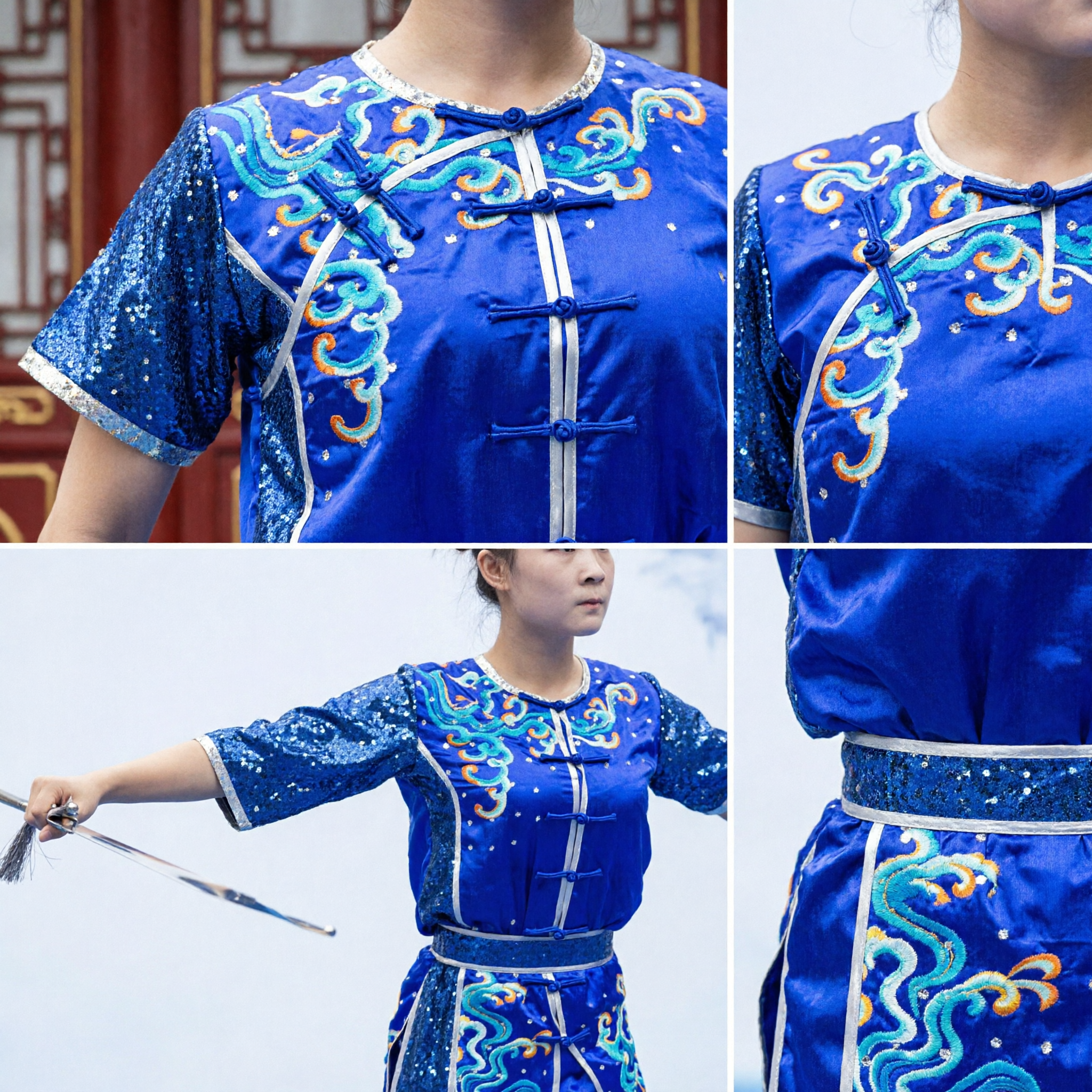 Blaues Wushu-Uniform für Damen, traditioneller Kung-Fu-Anzug mit Drachenstickerei und Pailletten, Kampfkunstwettkampfkostüm - Asian Costume