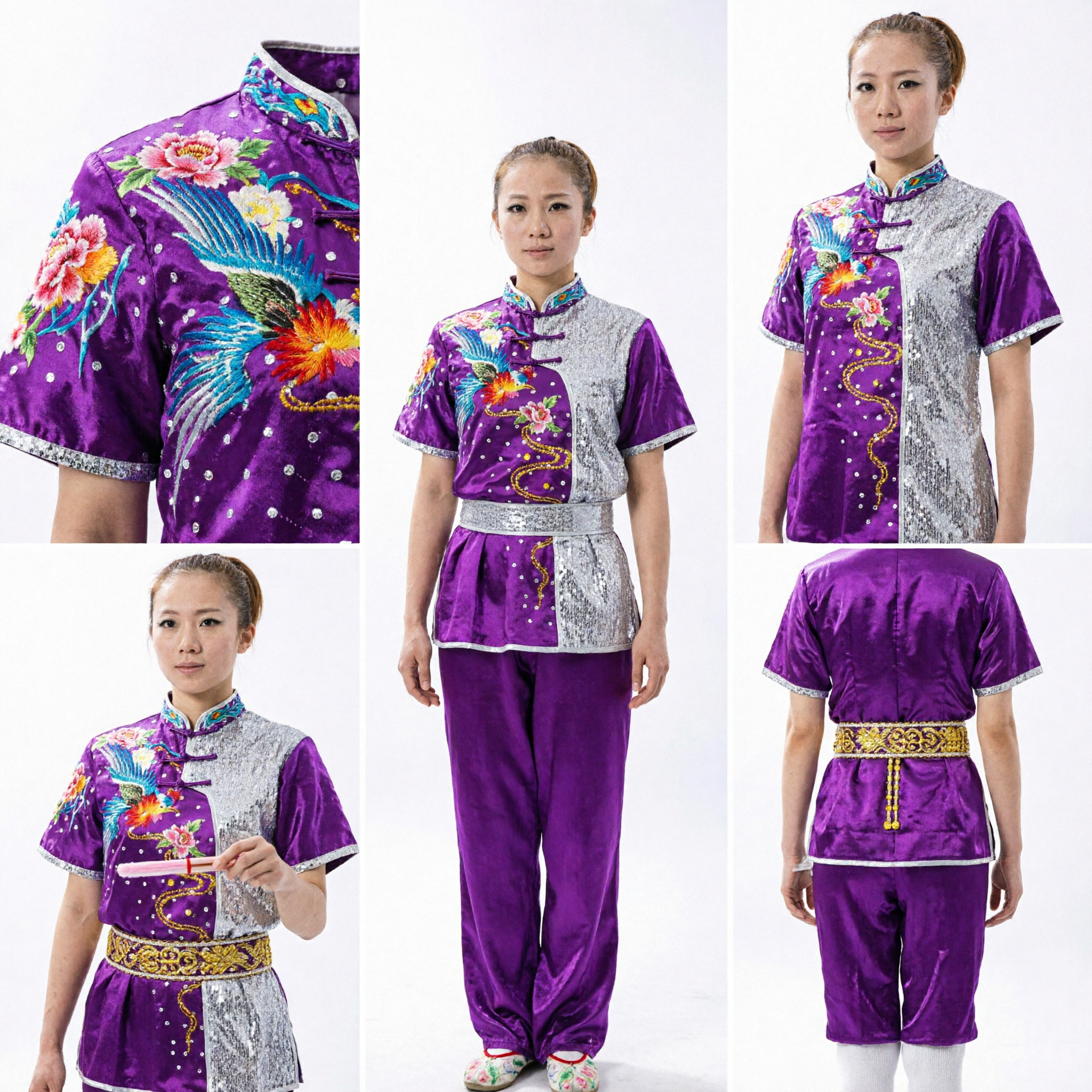 Uniforme Tai Chi pour Femmes Broderie de Phénix Violet Manches Courtes Wushu Kung Fu Costume Traditionnel de Performance et Compétition - Asian Costume