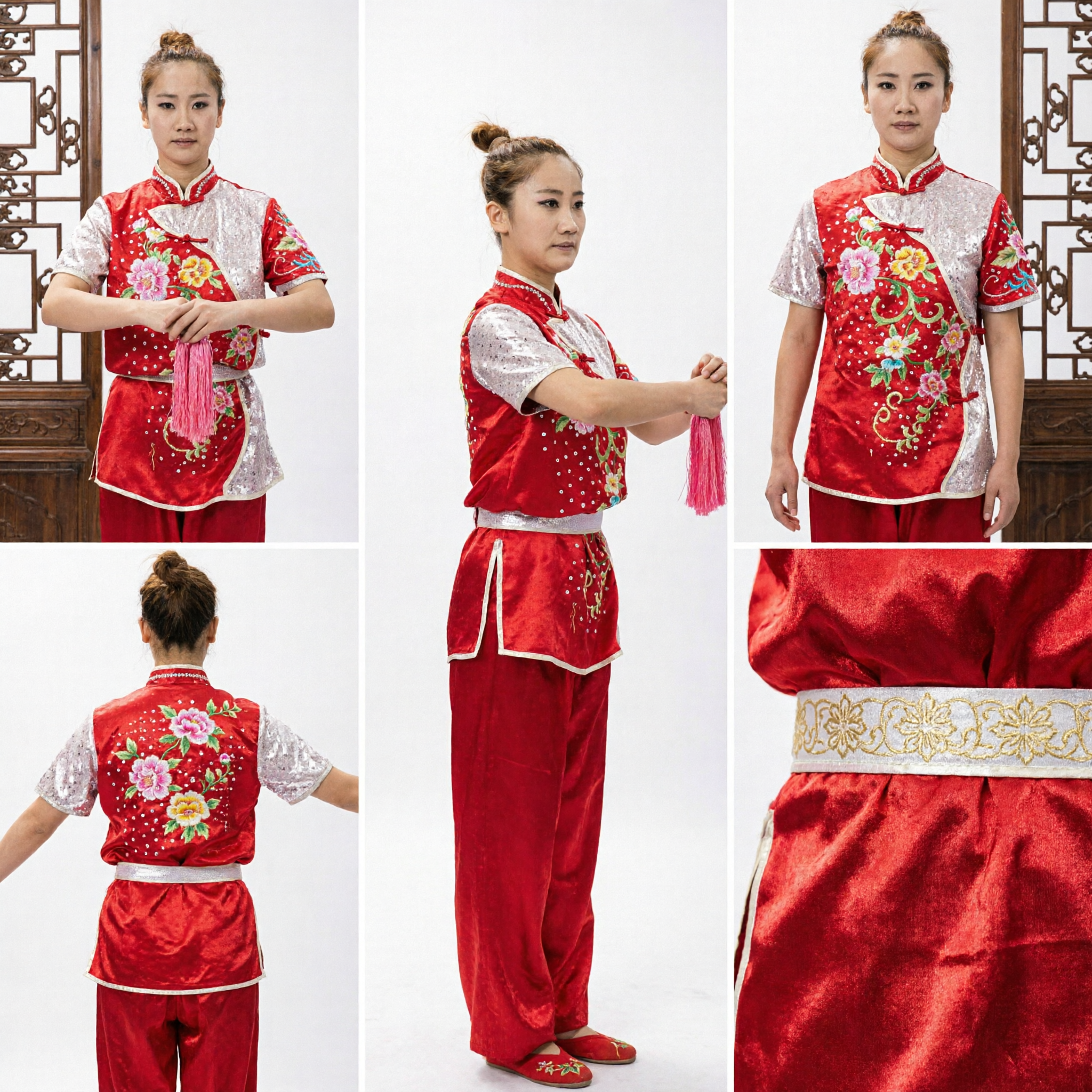 Uniforme da Competizione ed Esibizione Tai Chi Wushu Kung Fu Tradizionale con Ricamo Floreale Rosso da Donna - Asian Costume