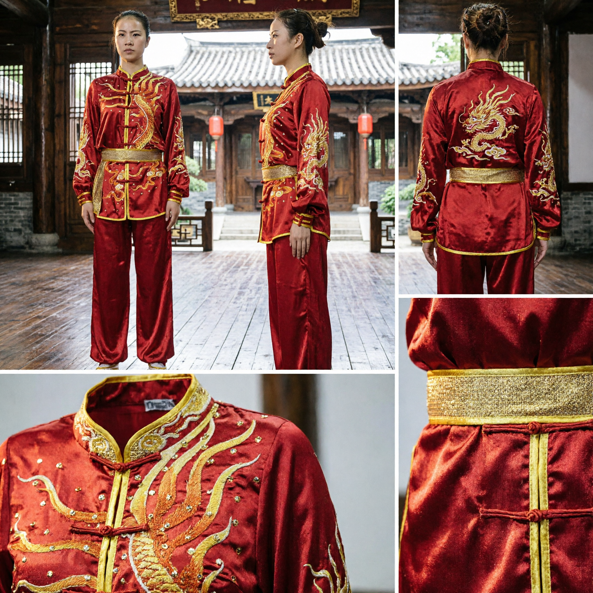 레드 실크 드래곤 자수 중국 무술 유니폼 여성 무술 대회 창권 슈트 - Asian Costume
