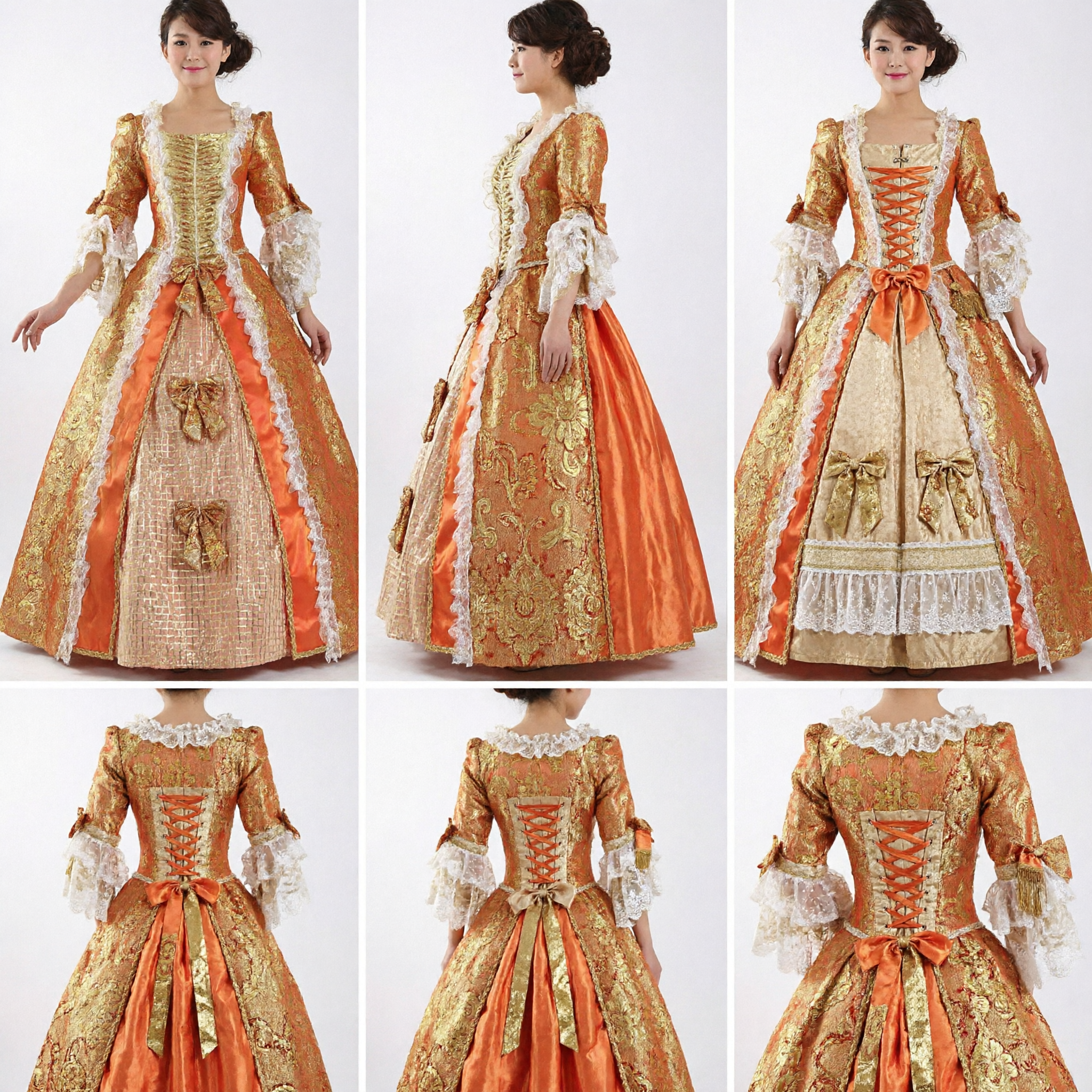 Robe de bal Baroque orange et dorée pour femme Costume de princesse de palais Renaissance pour soirée masquée - Asian Costume