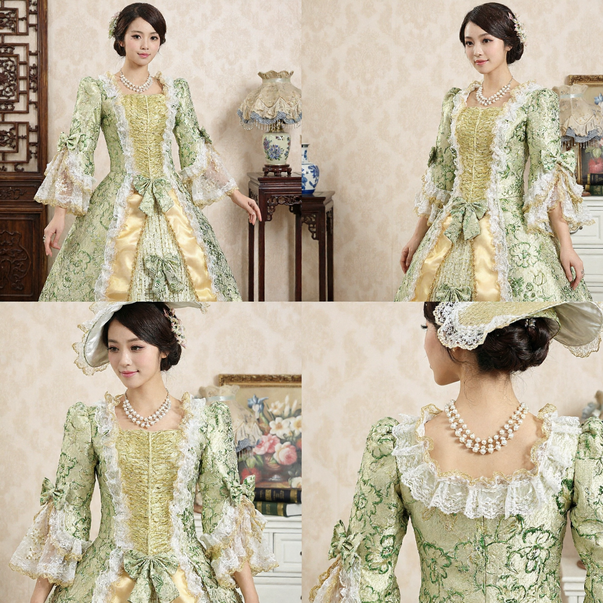 زي ماري أنطوانيت باللون الأخضر على طراز الروكوكو للنساء، فستان باروكي فيكتوري من الدانتيل للتمثيل التنكري والعروض المسرحية - Asian Costume