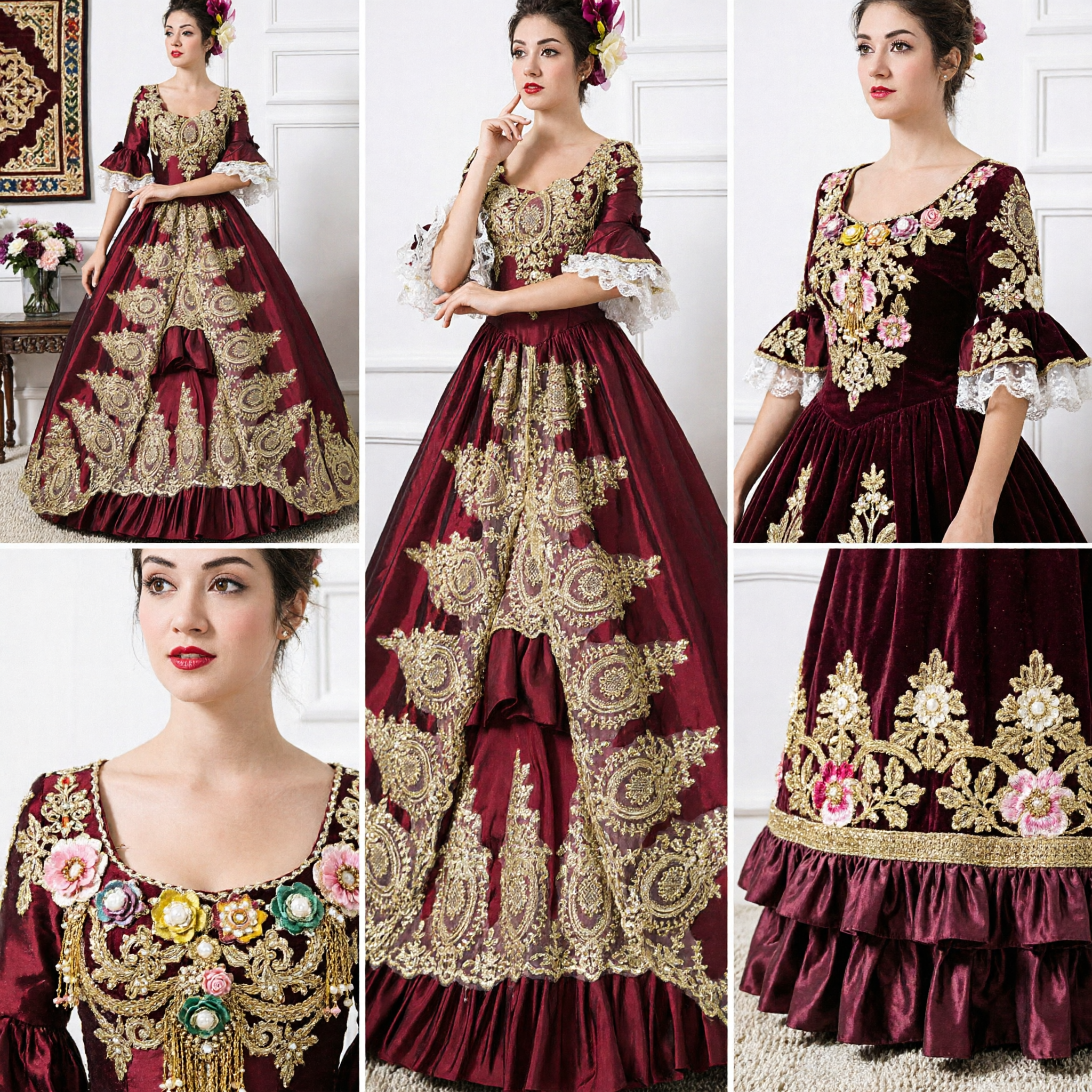 Robe de princesse Baroque rouge royale pour femme avec broderie dorée et dentelle pour performance scénique et Halloween - Asian Costume