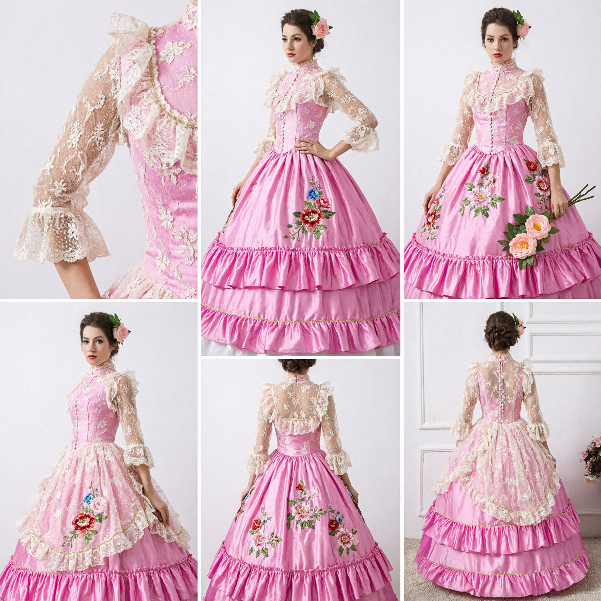Elegantes Rosa Etagen-Quinceañera-Ballkleid mit Spitzenrüschen und Goldbesatz für Sweet 16 Formelle Prom - Asian Costume
