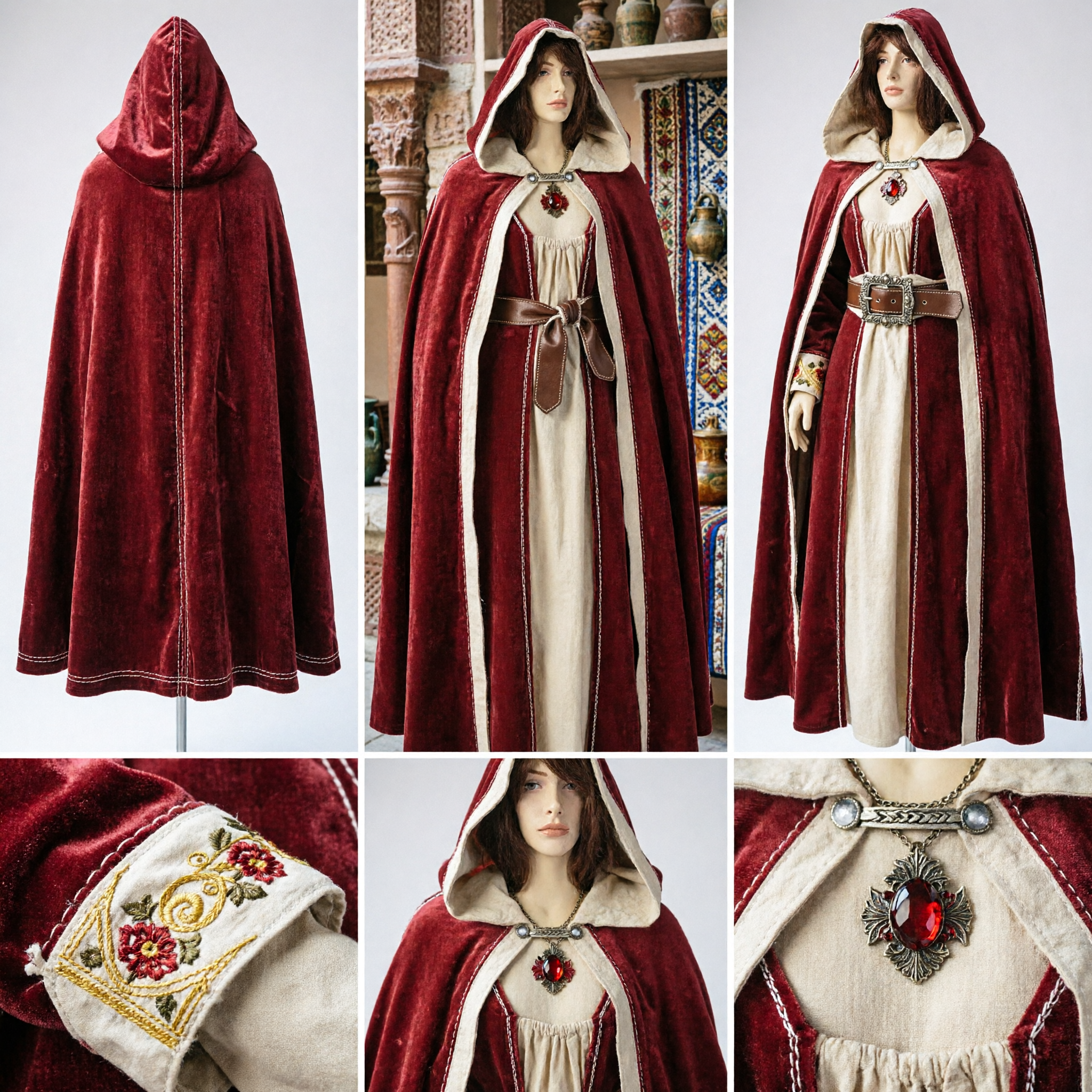 Mantello con Cappuccio Medievale Rinascimentale per Donna Adulta in Velluto Rosso con Fodera Crema, Costume per Cosplay Fantasy Storico - Asian Costume
