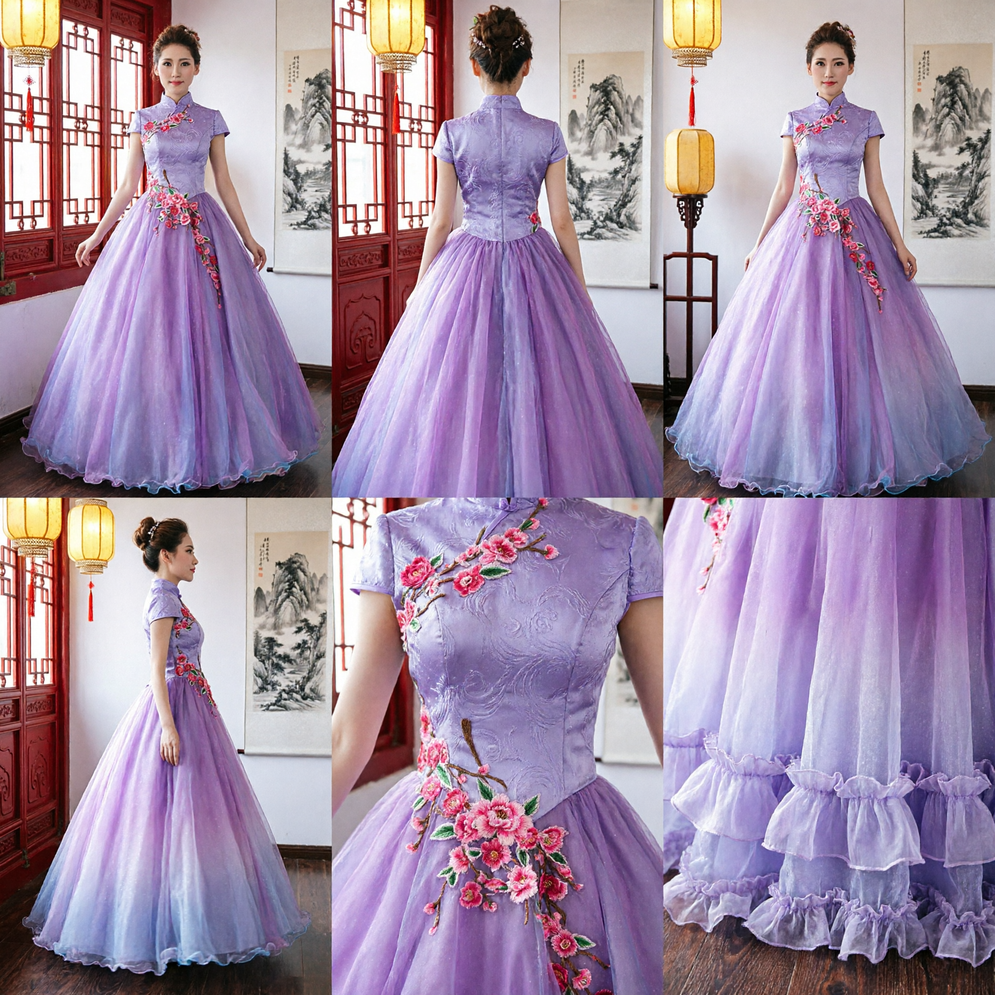 Robe de bal élégante Cheongsam brodée de fleurs violettes, robe de mariage Qipao traditionnelle chinoise pour mariées - Asian Costume