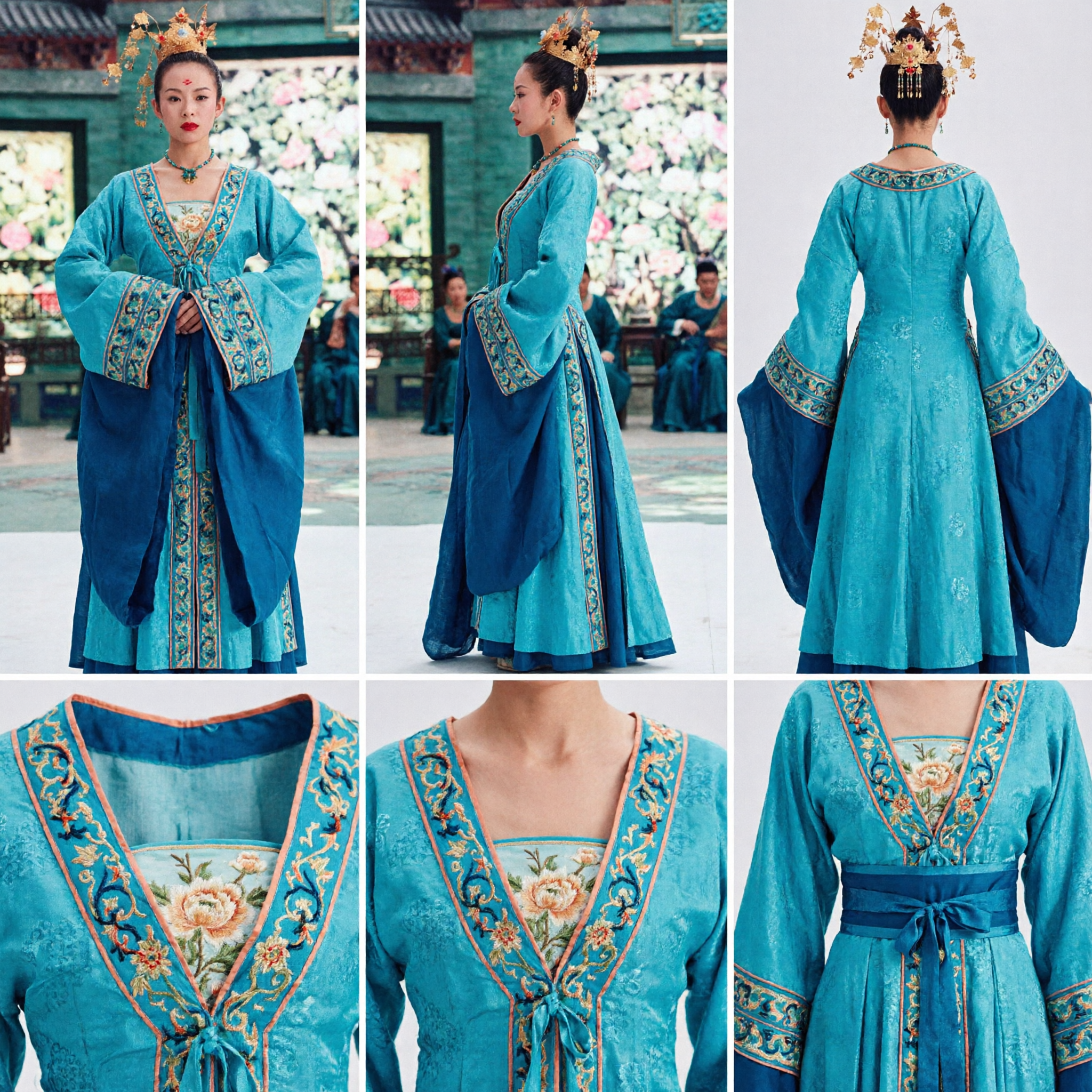 Traje Tradicional Chino Hanfu de Dama del Palacio de la Dinastía Tang, Vestido de Bailarina Azul Verde con Mangas de Agua para Mujeres - Asian Costume