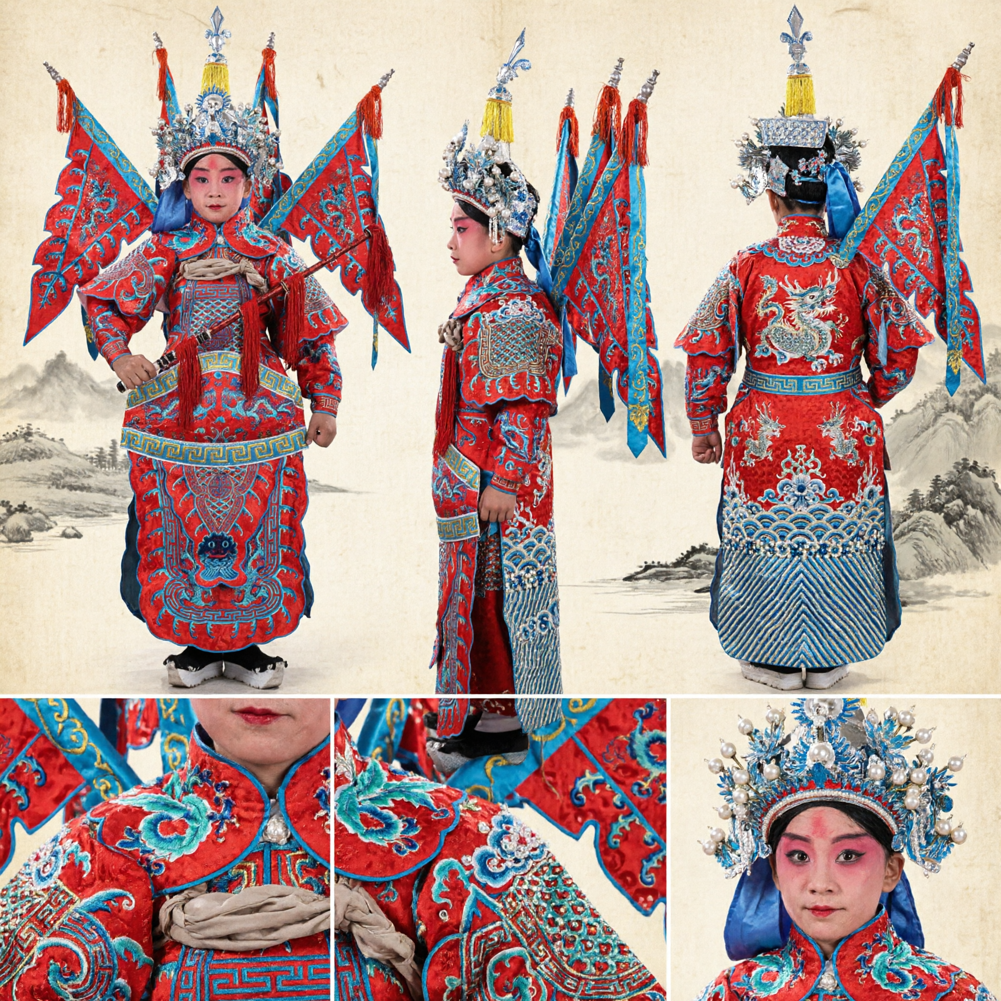 Traje Tradicional Chino de General de Ópera de Pekín para Niños, Atuendo de Guerrero Rojo con Banderines para Actuaciones en Escenario - Asian Costume