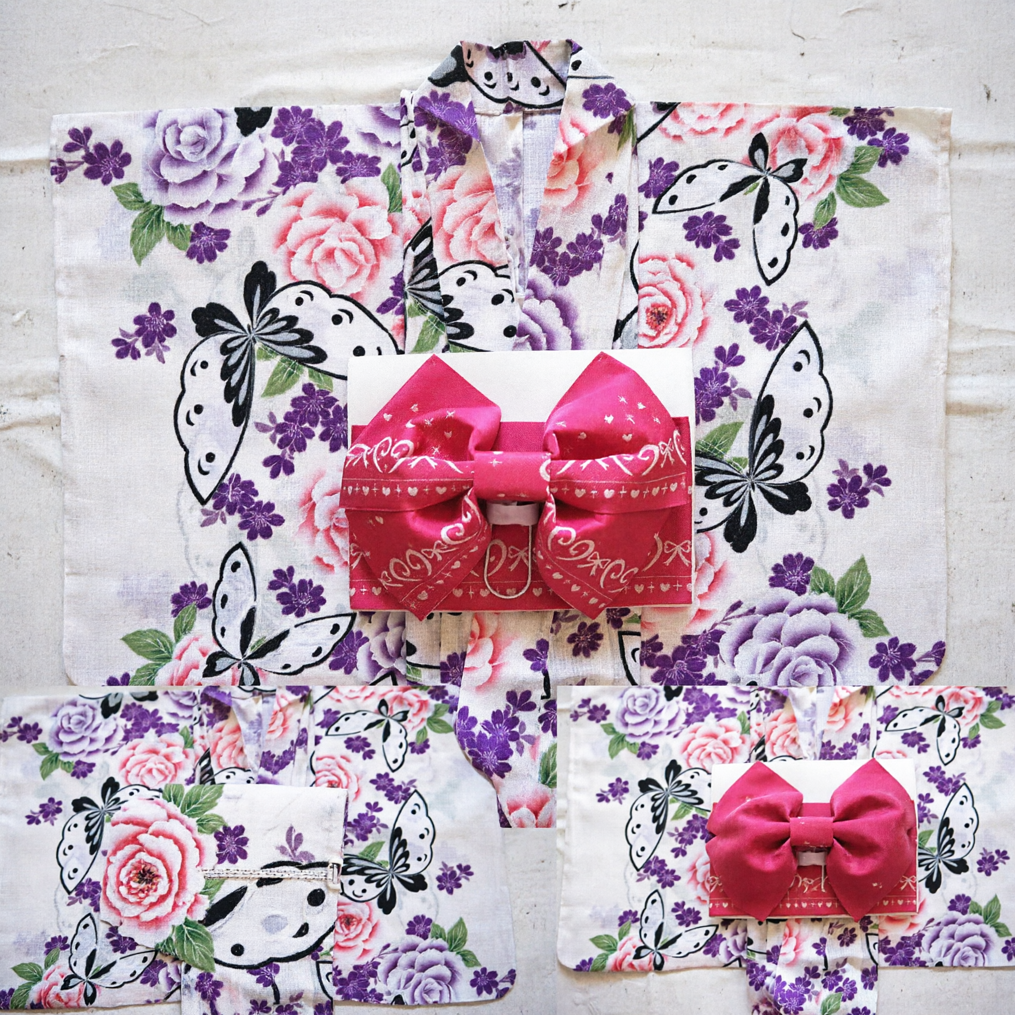 Damen-Traditionelles japanisches blumenbedrucktes Yukata-Kimono mit Schmetterlingsdruck und rosa Schleife, Festival-Kostüm-Set - Asian Costume