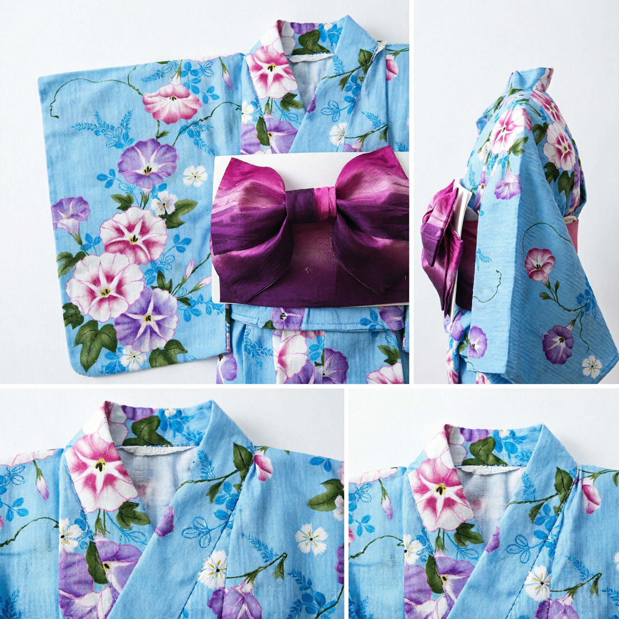 Traditionelles japanisches Yukata-Kimono-Set, hellblau mit Prunkwinden-Blumenprint und lila Schleife für Sommerfestival - Asian Costume