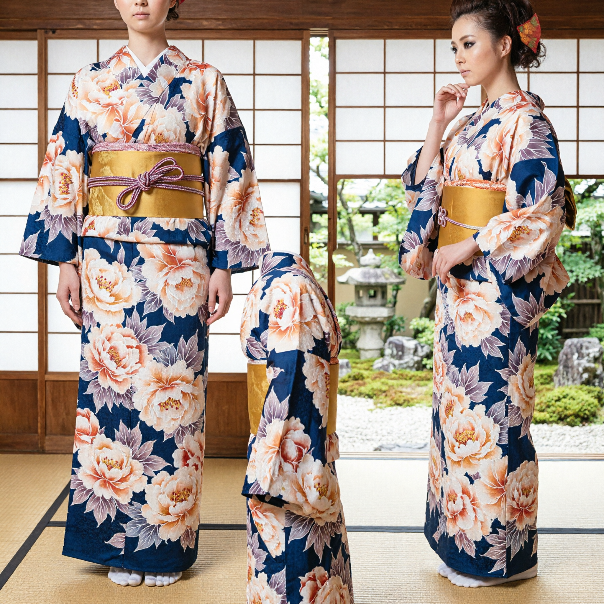 Traditionele Japanse Blauwe Bloemenkimono voor Vrouwen met Gouden Obi-sjerp voor Festivals en Culturele Evenementen - Asian Costume