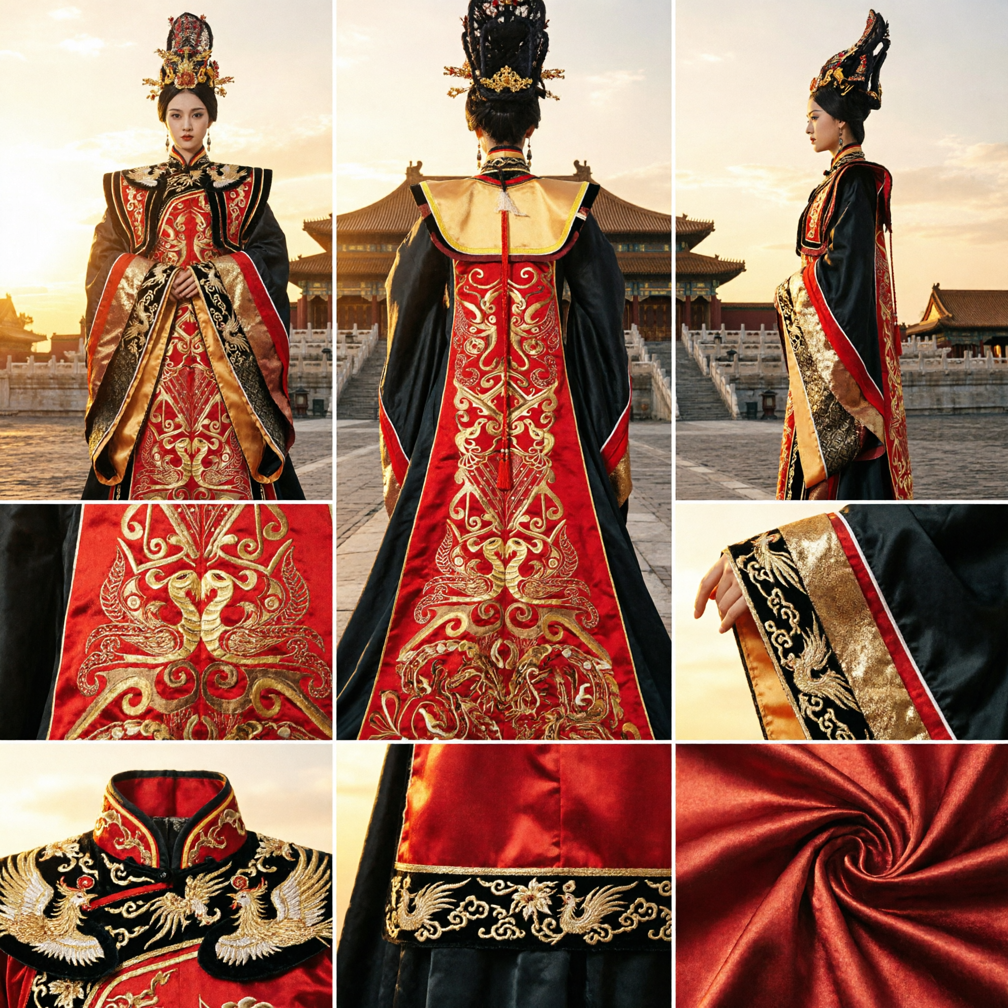Traje de Hanfu de Imperatriz Chinesa Antiga, Robe Real Vermelho e Preto com Bordado Dourado para Drama e Cosplay - Asian Costume