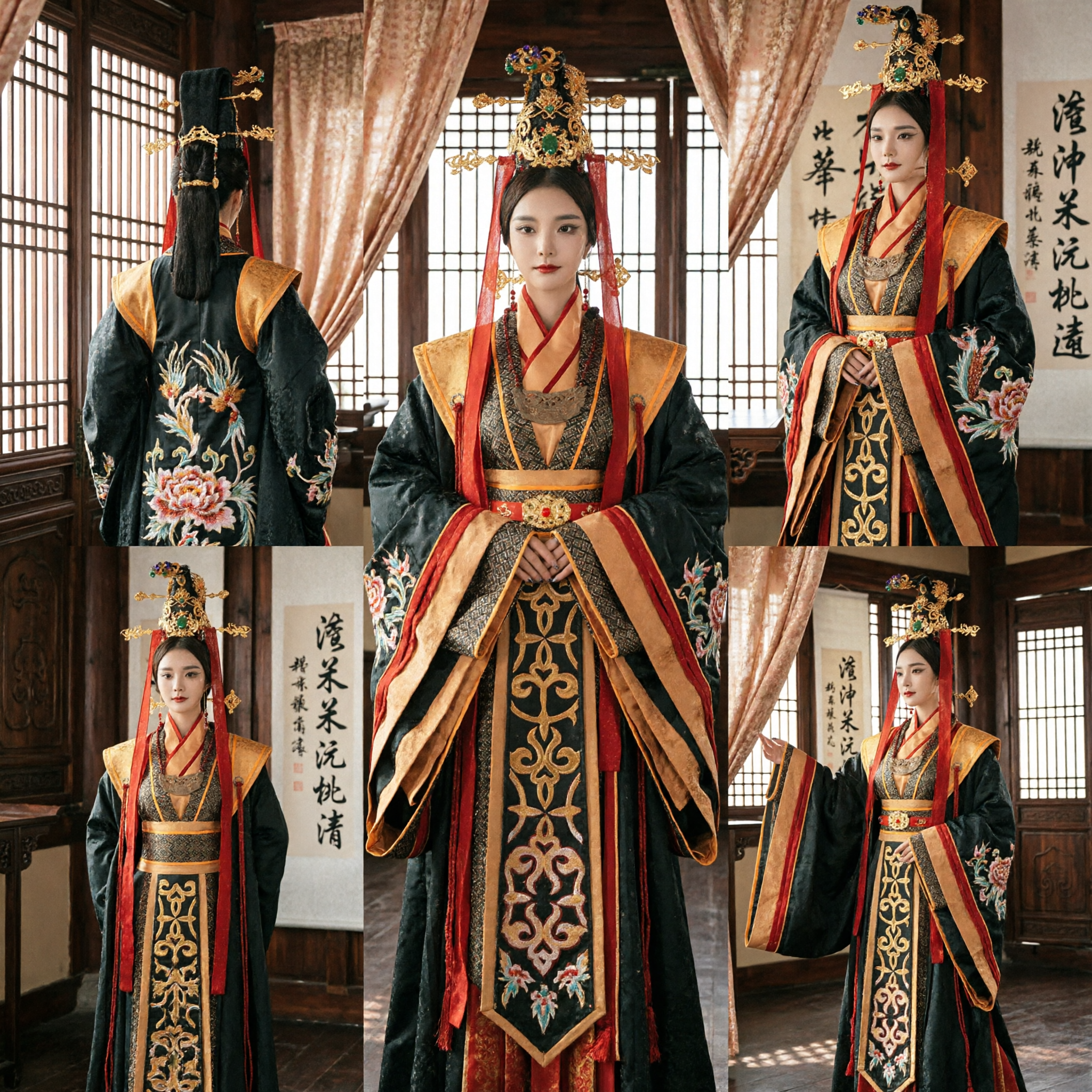 Traje de Imperatriz do Palácio Antigo Hanfu Chinês Tradicional, Robe Preto com Bordado Dourado para Mulheres em Apresentações no Palco - Asian Costume