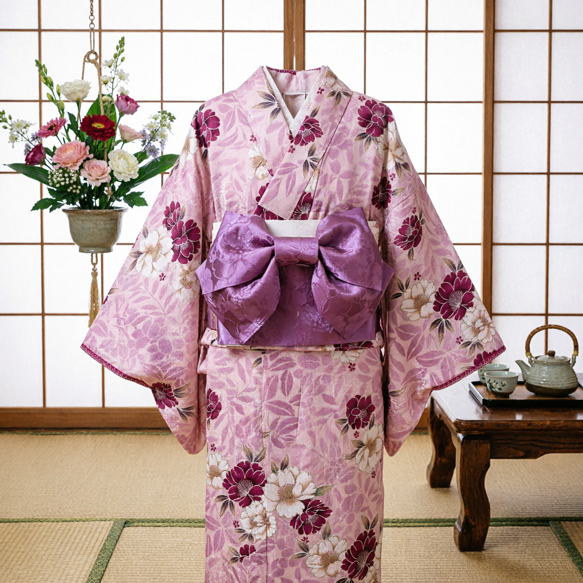 Conjunto de Yukata Kimono Japonés Tradicional Floral con Faja Obi Púrpura para Mujer para Festival y Cosplay - Asian Costume