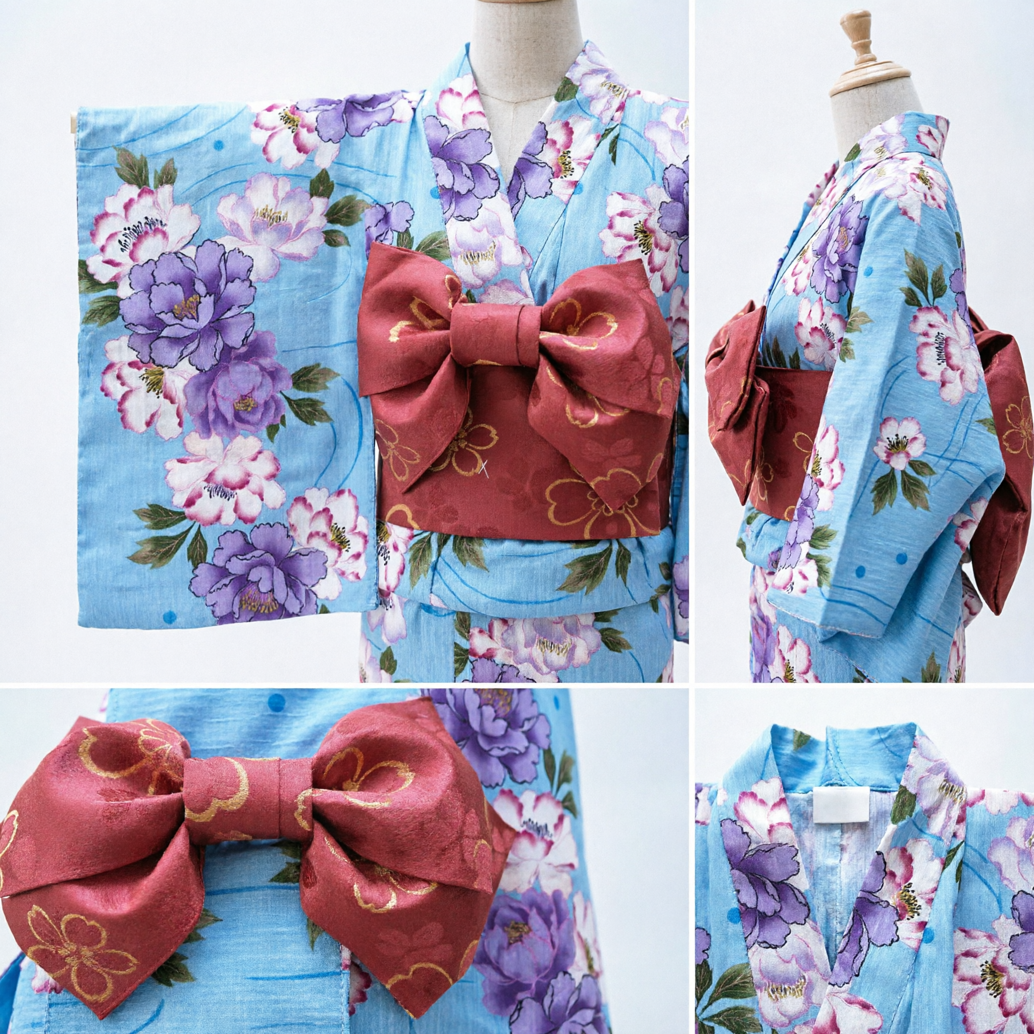 Set Yukata Kimono tradizionale giapponese blu con peonie floreali e fiocco rosso per donne, per festival e cosplay - Asian Costume