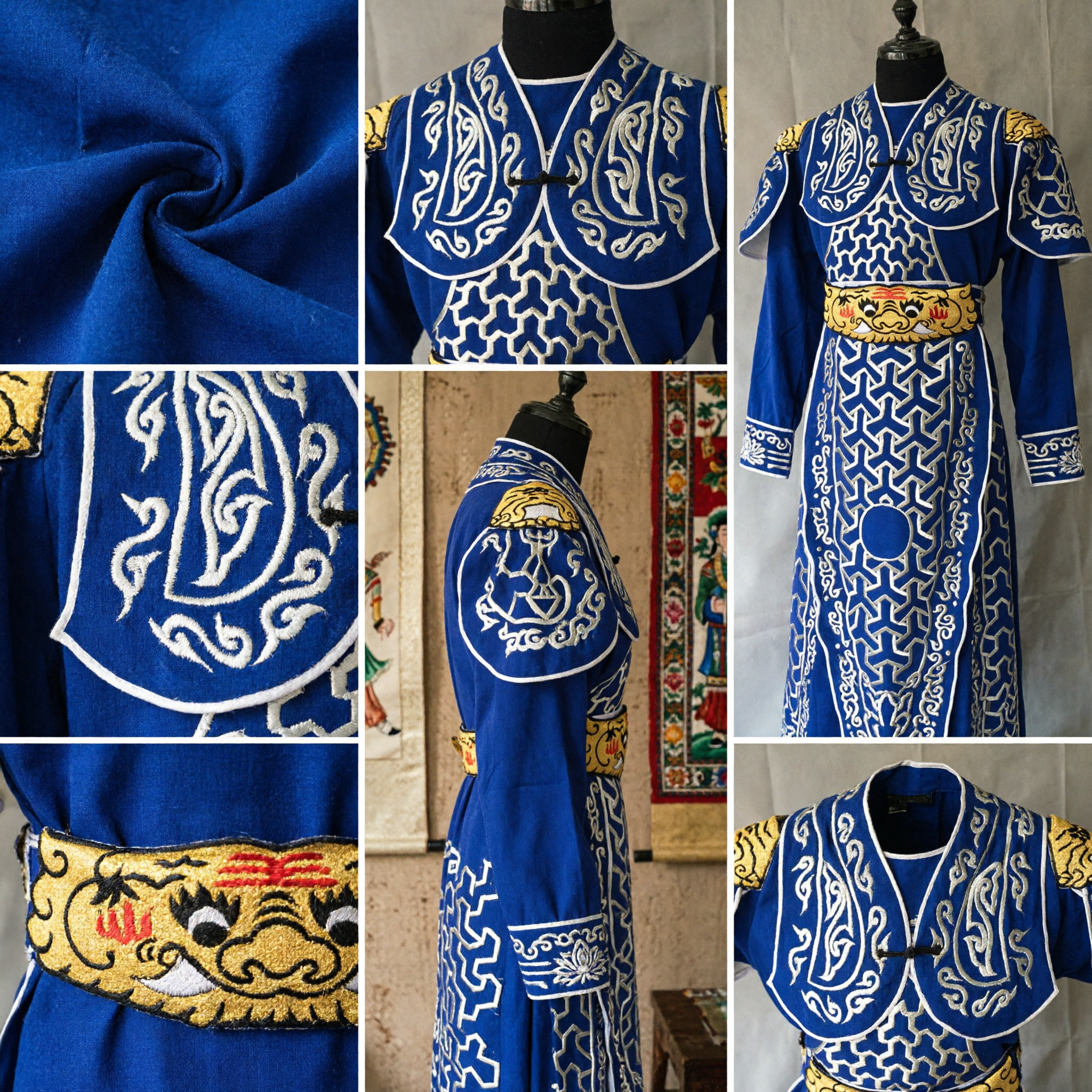 Traditioneel Blauw Chinese Krijger Kostuum Mannen Peking Opera Generaal Outfit met Goud Borduurwerk voor Podium Optreden - Asian Costume