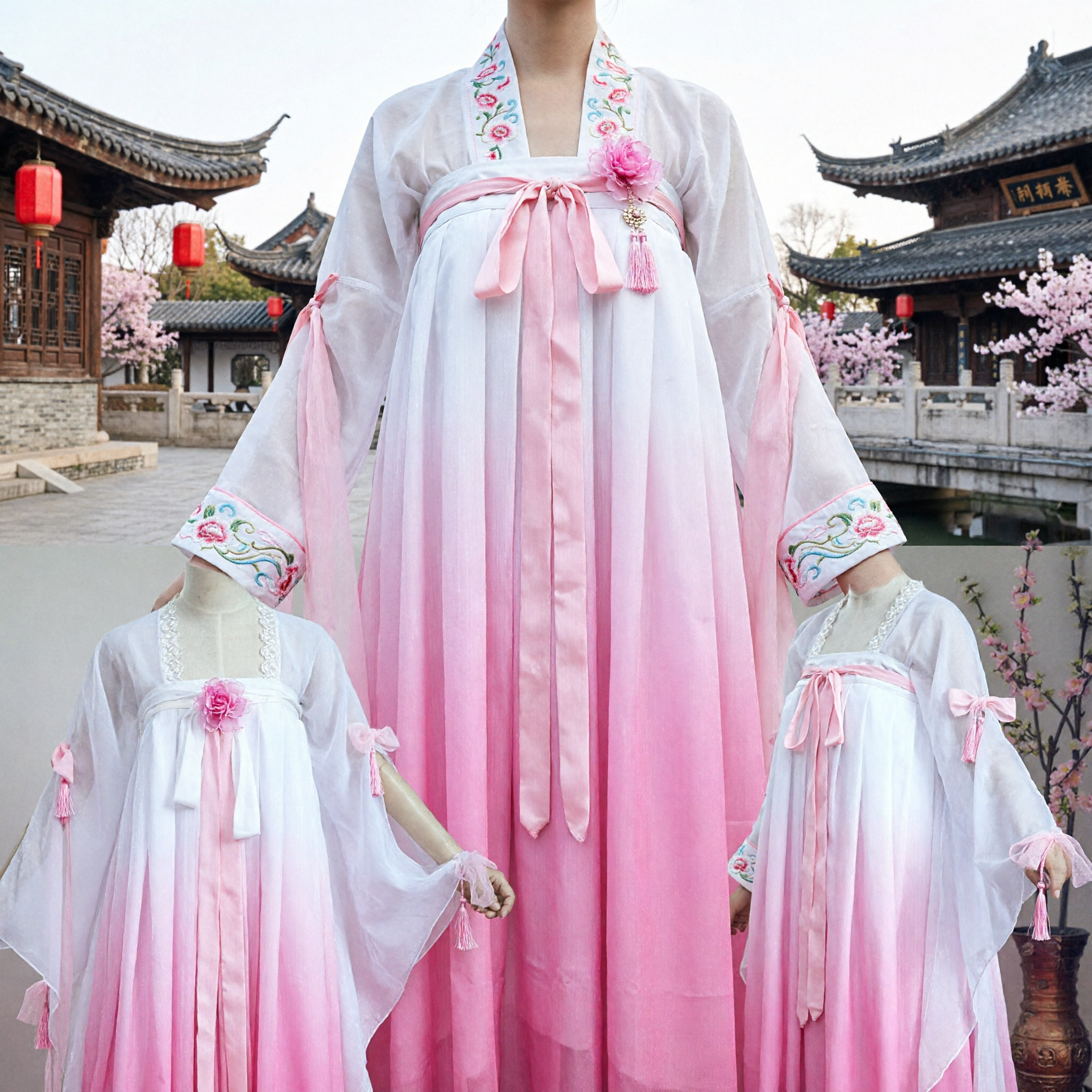 Vestido Tradicional Chinês Hanfu, Estilo Dinastia Tang, Fantasia Antiga de Fada em Gradiente Branco e Rosa para Mulheres - Asian Costume