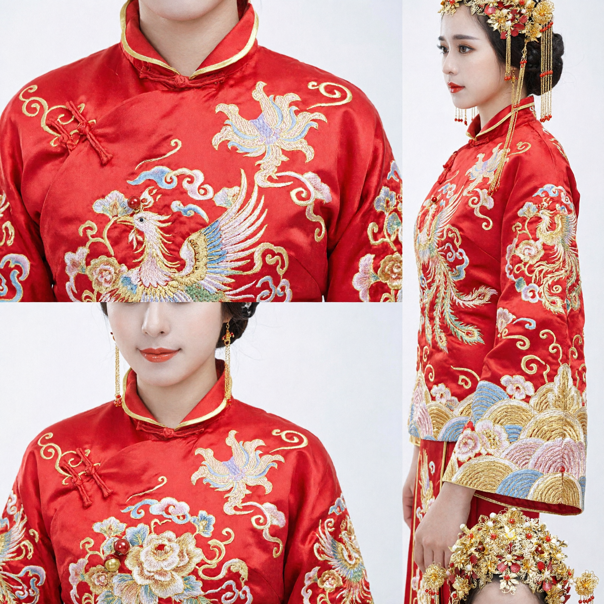 Traditioneller chinesischer Hochzeits-Phönix-Kronen-Goldhaarschmucksatz mit Quasten für die Braut, Xiuhe-Anzug-Zubehör - Asian Costume