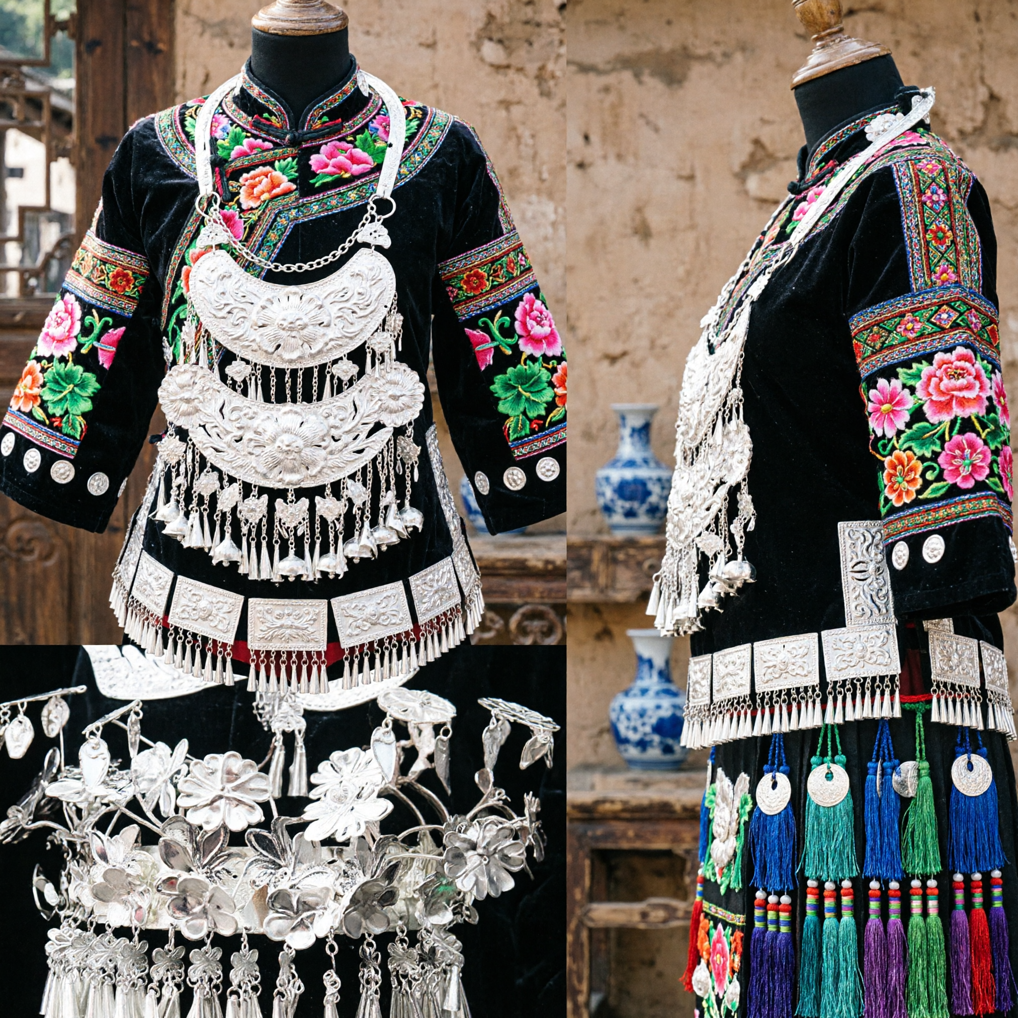 Tocado de Prata Tradicional Chinês Miao em Forma de Fênix, Fantasia de Dança Étnica e Ornamento para Cabelo de Casamento para Mulheres - Asian Costume