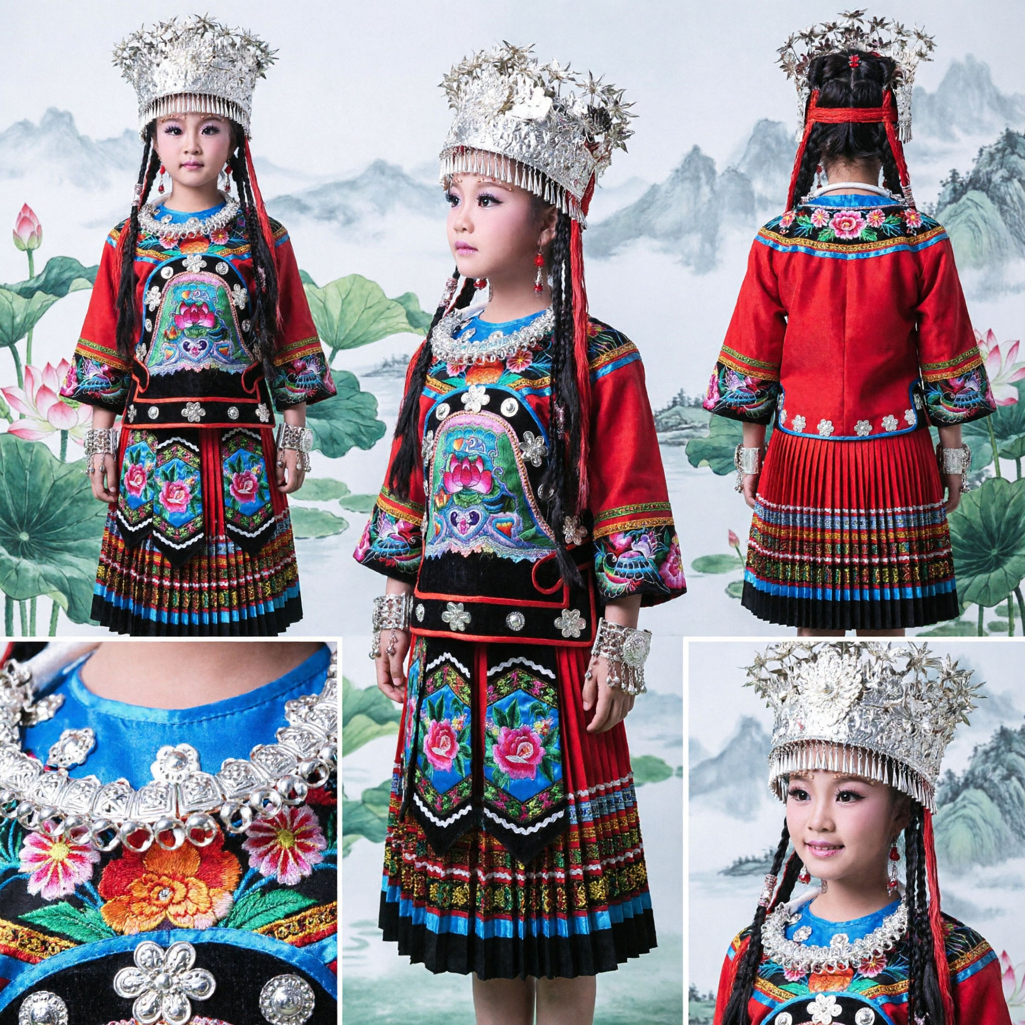 Robe brodée traditionnelle de la minorité Miao chinoise pour filles, costume de danse folklorique avec coiffe en argent - Asian Costume
