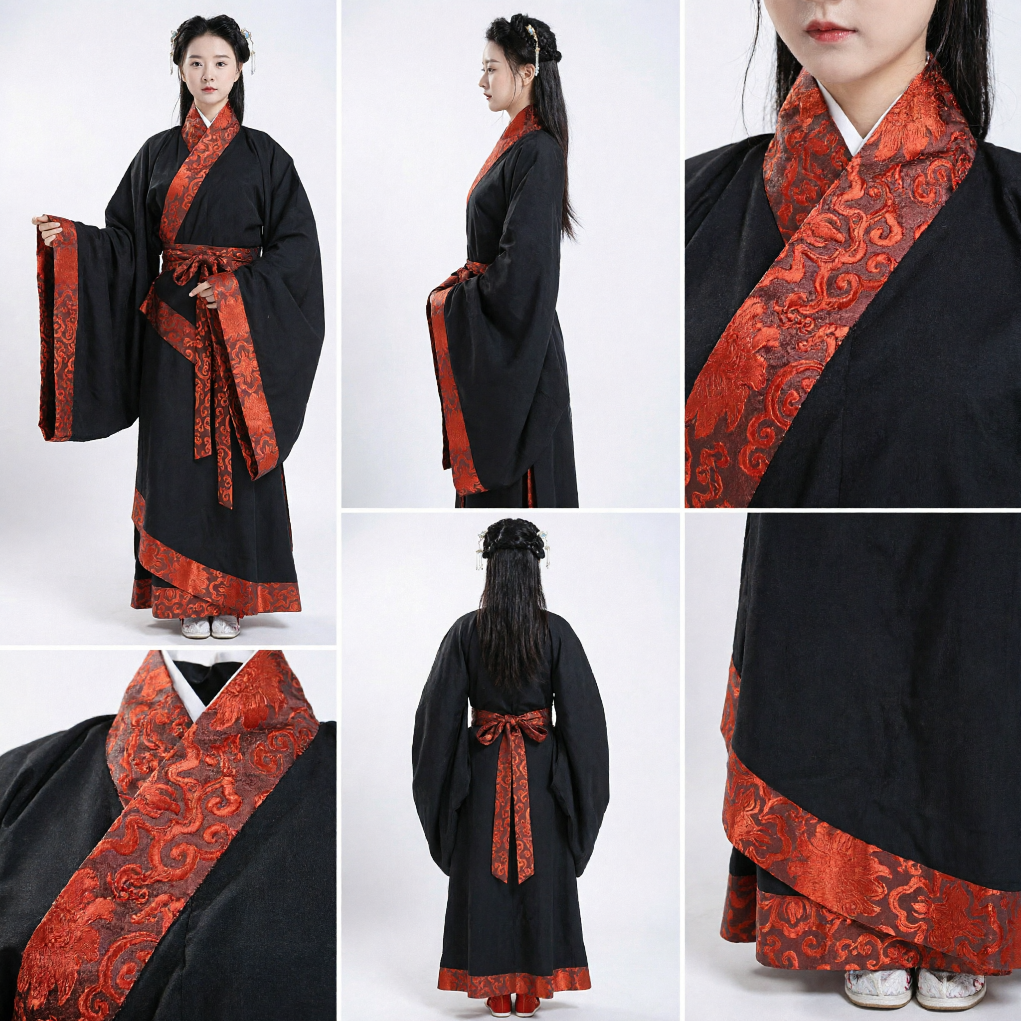 Hanfu della Dinastia Han tradizionale, Tunica Nera a Maniche Ampie con Fascia Rossa a Motivi, Costume antico per Donne - Asian Costume