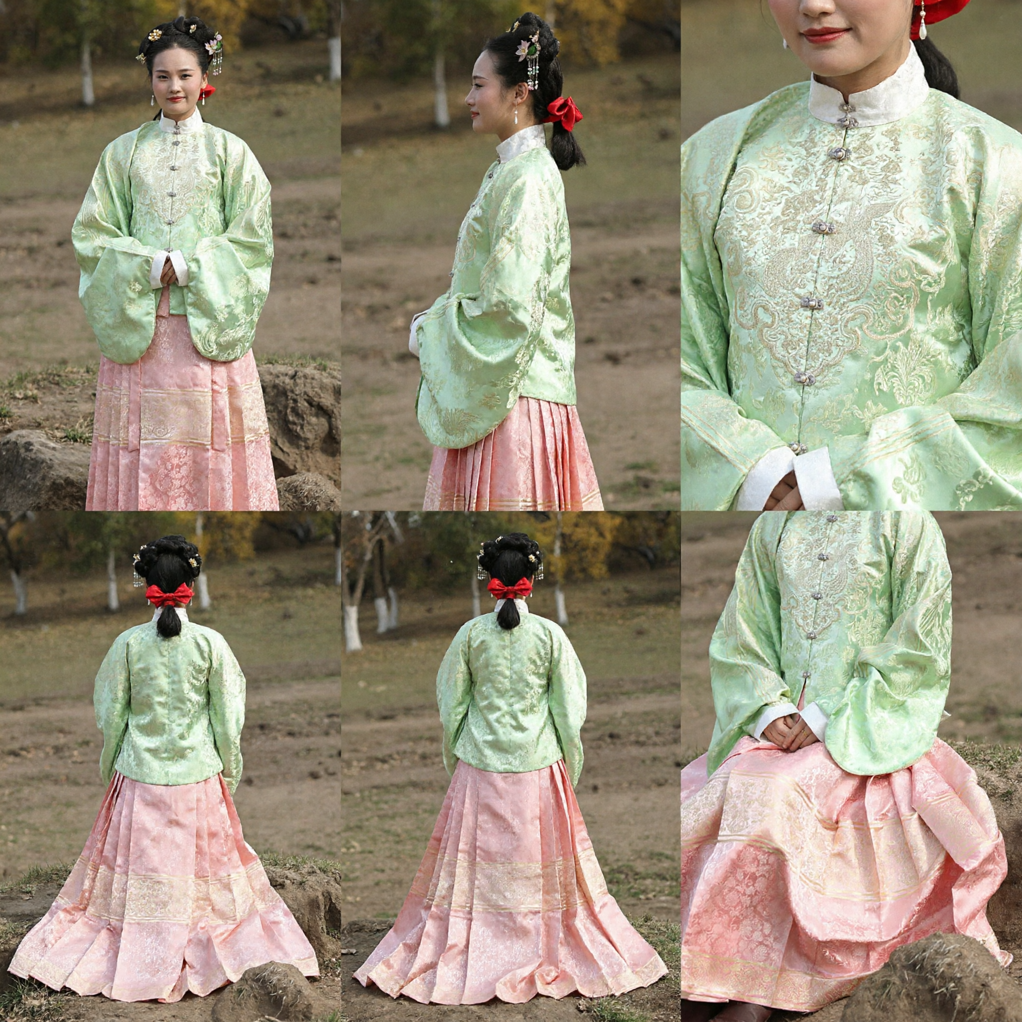 Costume Hanfu dynastie Ming traditionnel chinois, ensemble pour femmes : haut en brocart vert et jupe plissée rose - Asian Costume