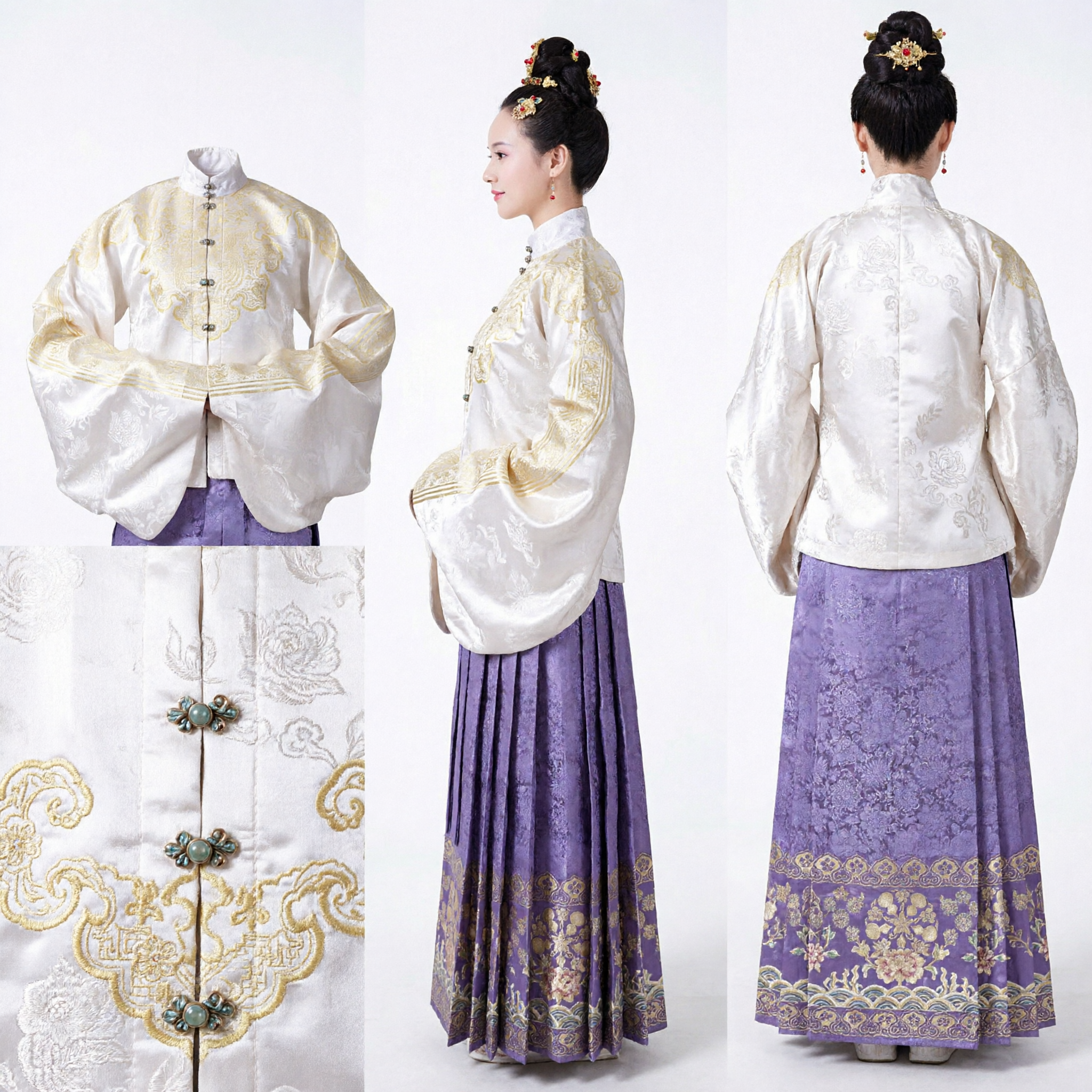 Traditionelles chinesisches Ming-Dynastie-Hanfu-Kostüm, Damen-weiß bestickte Pifeng-Jacke und lila Rock-Set - Asian Costume