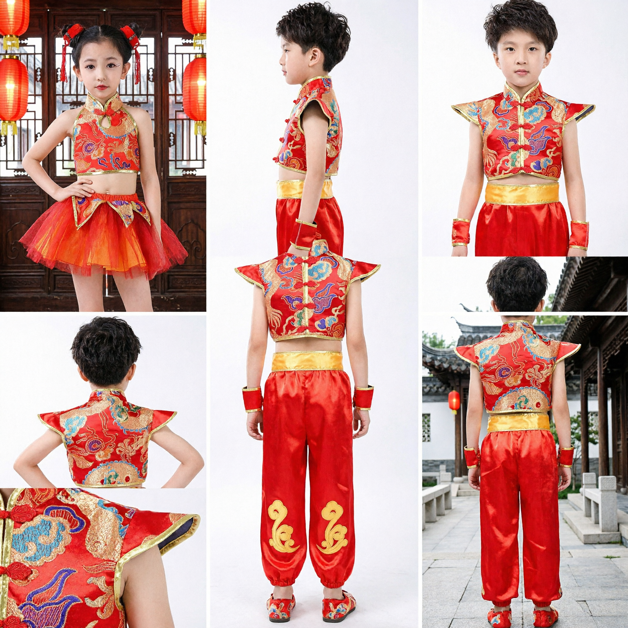 Kinder-roter Drachenstickerei-Volkstanzkostüm, traditionelles chinesisches Neujahrs-Aufführungs-Outfit für Jungen und Mädchen - Asian Costume