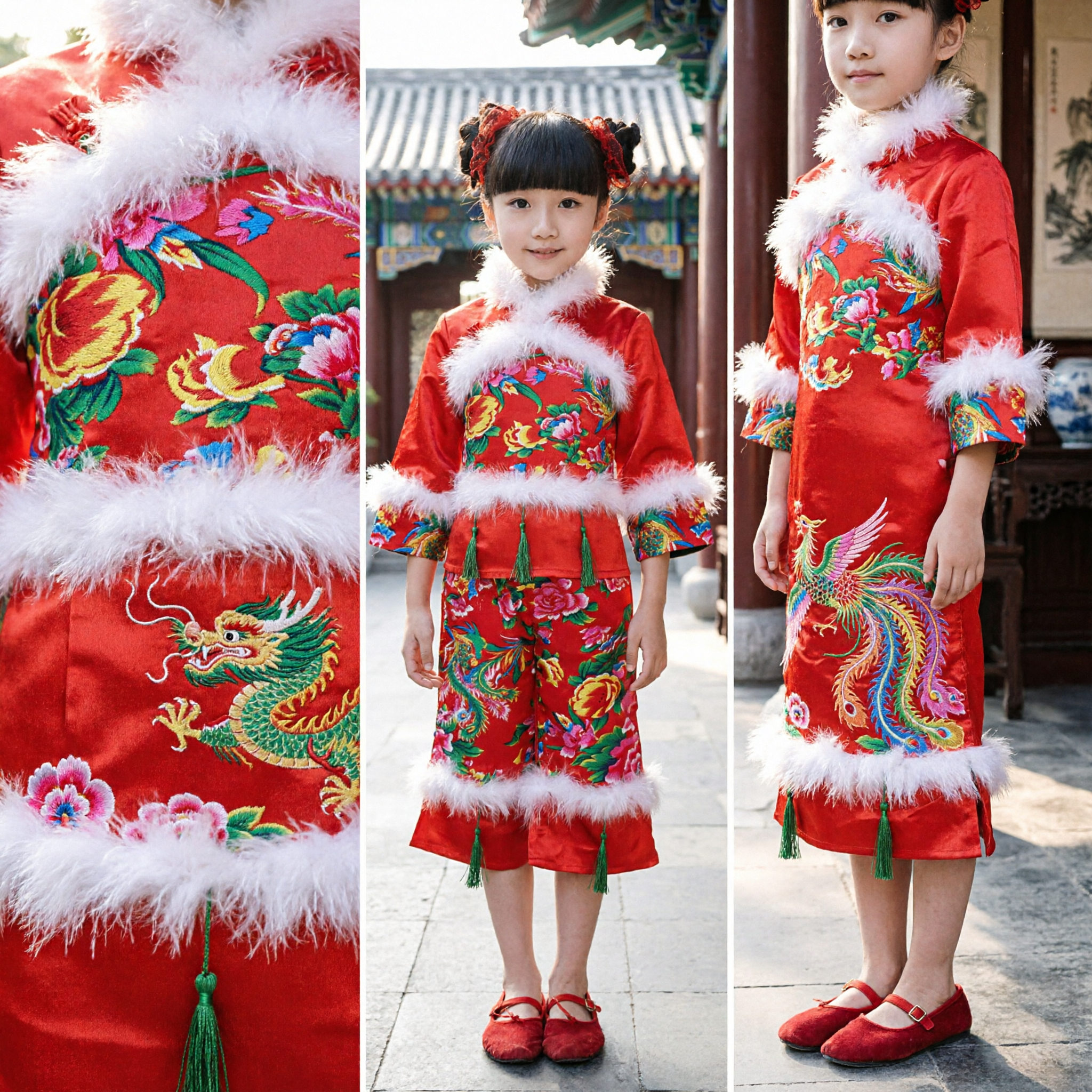 Traditioneller chinesischer Mädchen-Tang-Anzug, roter Winter-Pelzbesatz-Stickerei-Kostüm für Chinesisches Neujahrsfest Kinder - Asian Costume