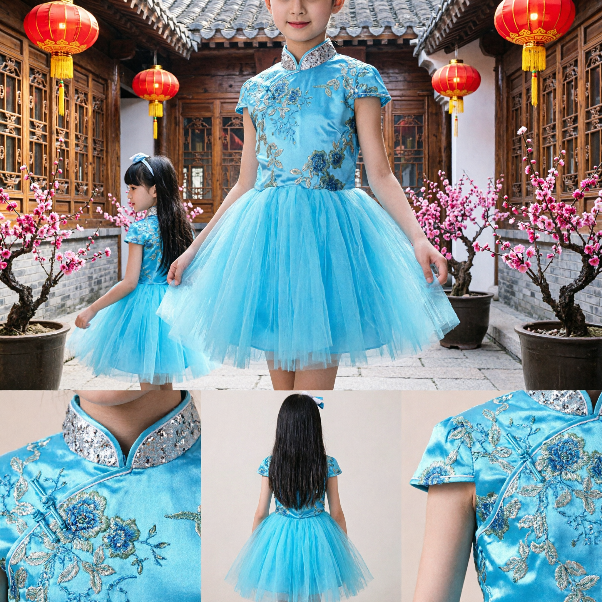 Meisjes Blauw Geborduurde Cheongsam Jurken Traditionele Chinese Qipao Top met Tule Rok voor Kinderfeest - Asian Costume