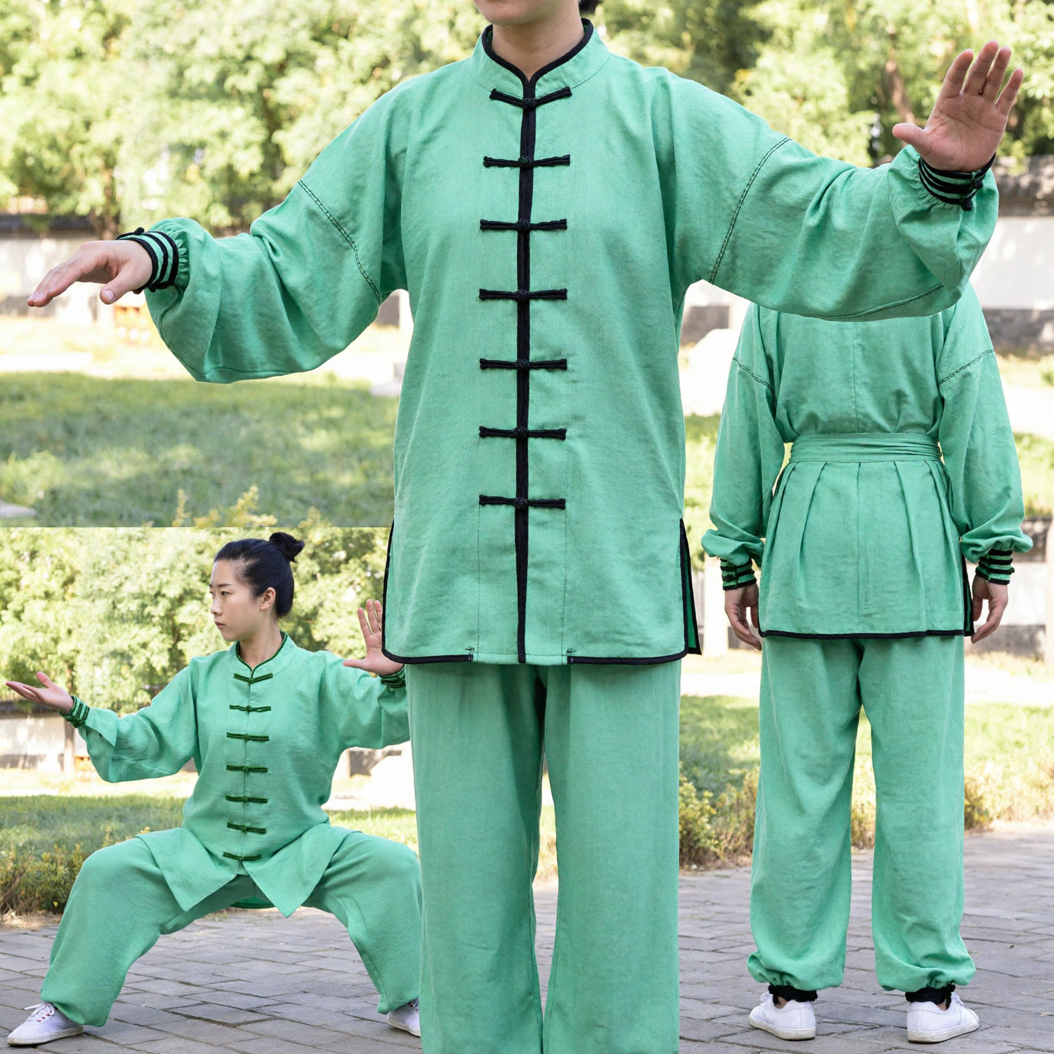 Tradycyjny zielony uniform Tai Chi dla kobiet, strój Kung Fu do sztuk walki, zestaw odzieży z bawełny i lnu - Asian Costume