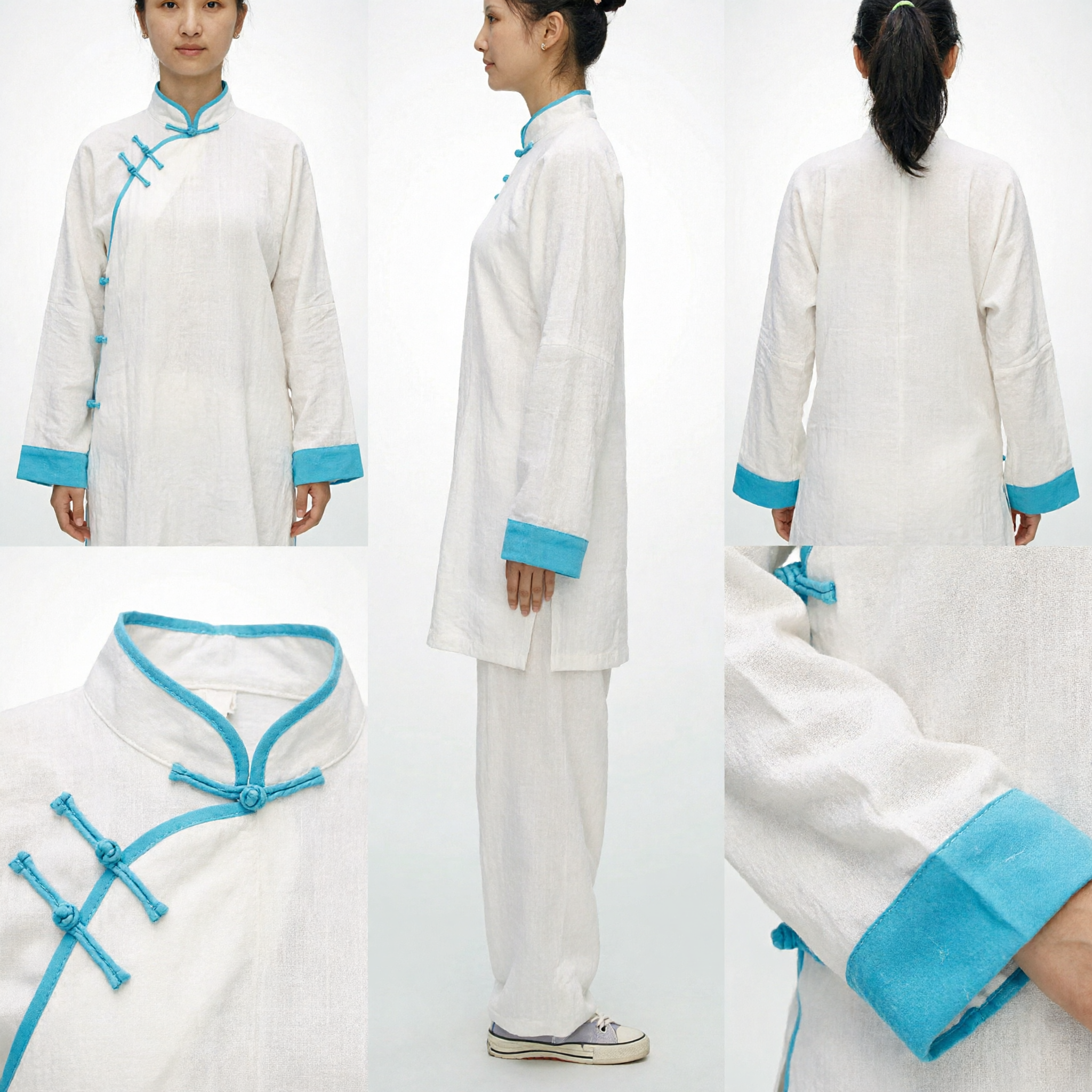 Uniforme Tradicional de Tai Chi Branco para Mulheres, Traje de Kung Fu com Detalhes em Azul, Conjunto de Roupas de Artes Marciais - Asian Costume