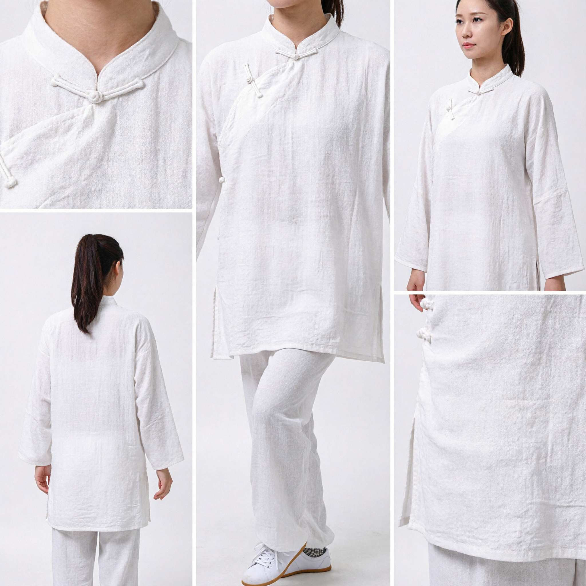 Damski biały uniform Tai Chi, tradycyjny lniany strój Kung Fu, zestaw bluza i spodnie do treningu sztuk walki - Asian Costume