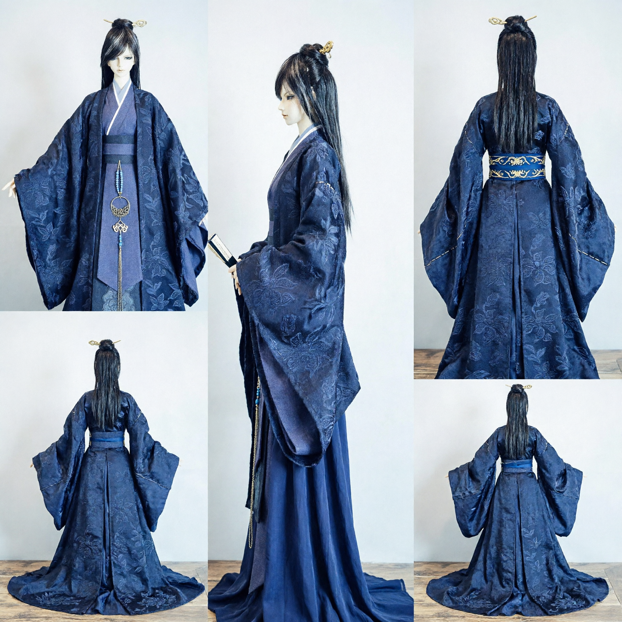 Traditionelle chinesische Hanfu, antikes adliges Gelehrtenkostüm, dunkelblaues Jacquard-Gewand für Herren-Cosplay und Ausstellung - Asian Costume