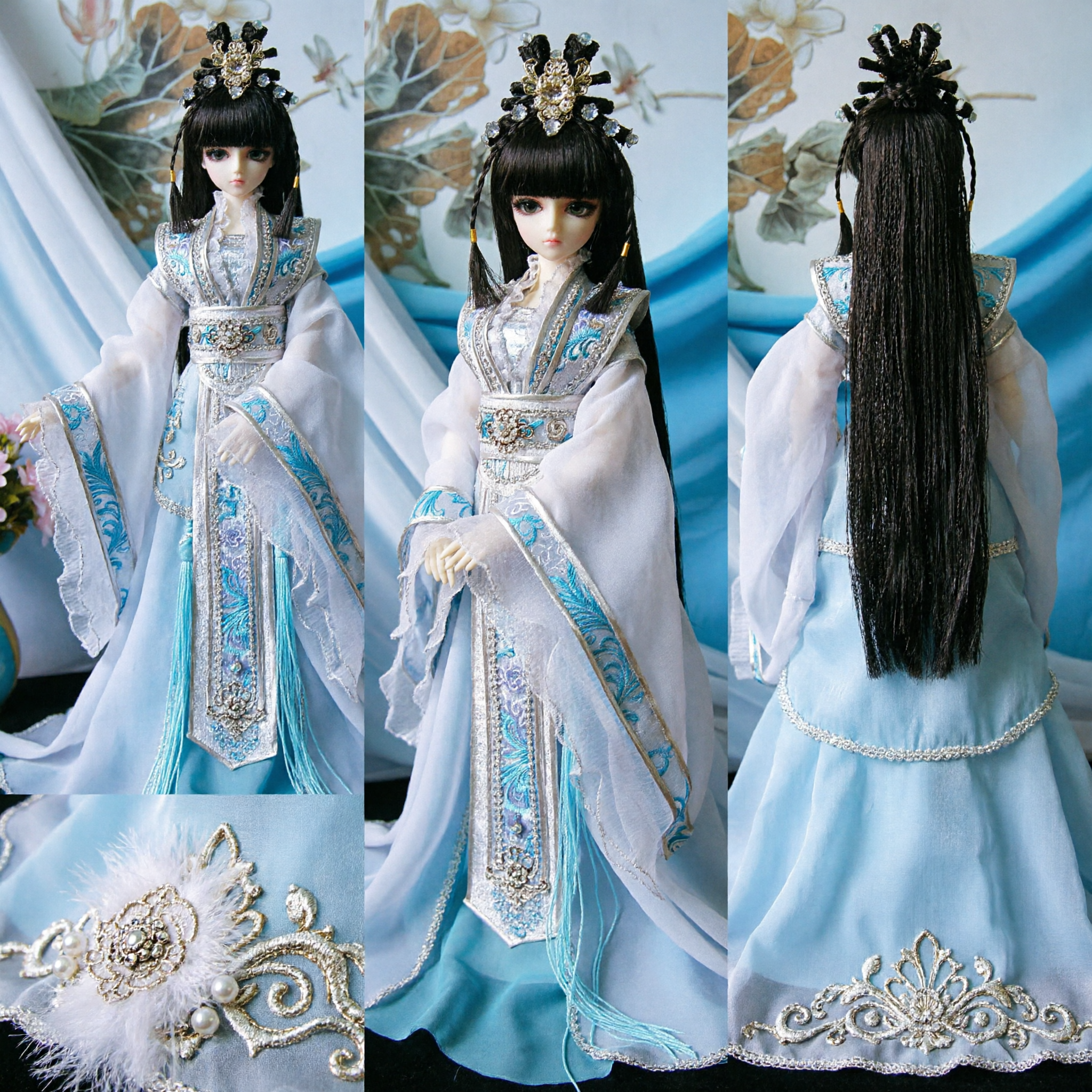 Tradycyjny Chiński Kostium Hanfu dla Lalek BJD Starożytna Biało-Niebieska Suknia Wróżki z Akcesoriami do Włosów - Asian Costume