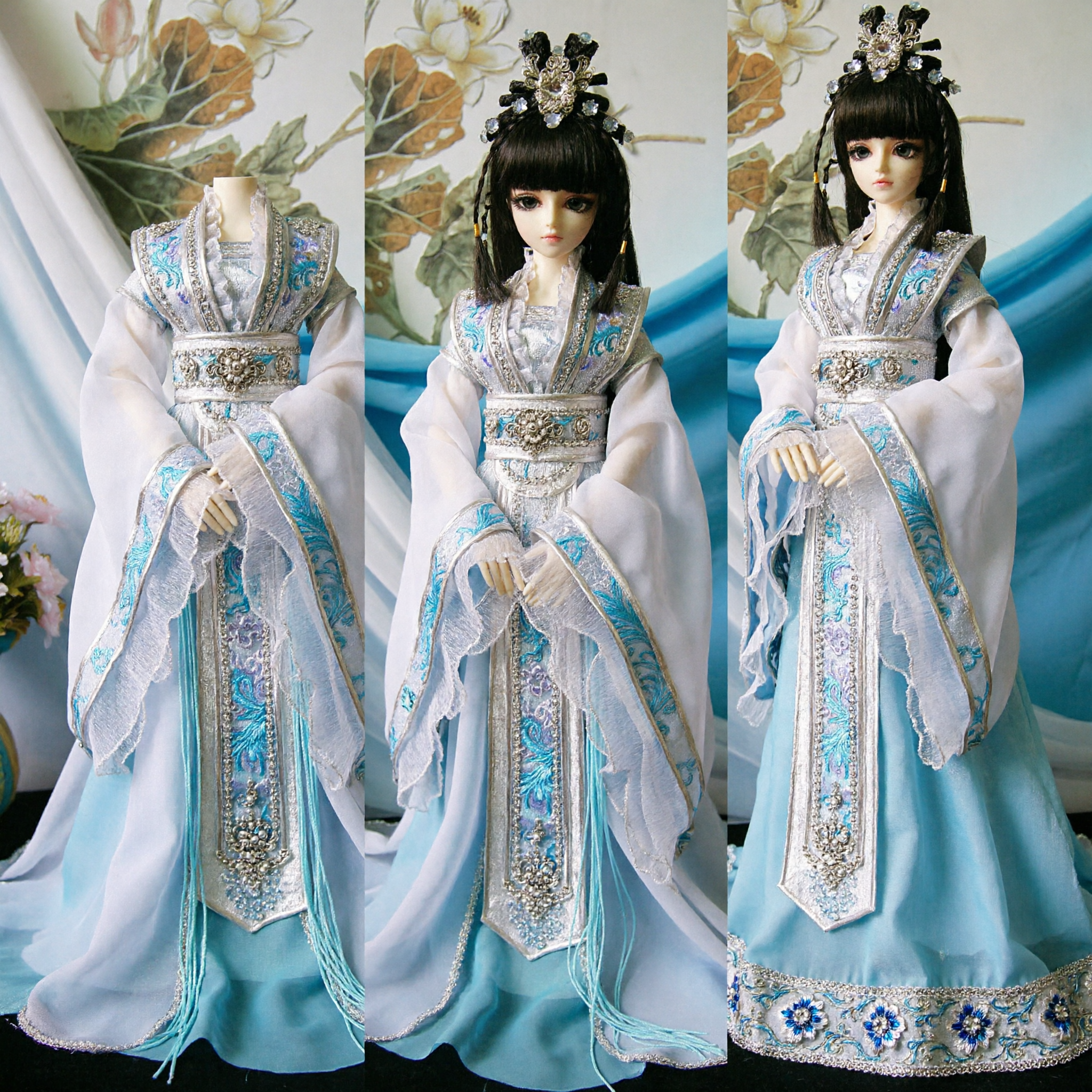 Wyszukany Tradycyjny Chiński Kostium Hanfu Niebiesko-Biała Starożytna Suknia Wróżki dla Lalek BJD - Asian Costume