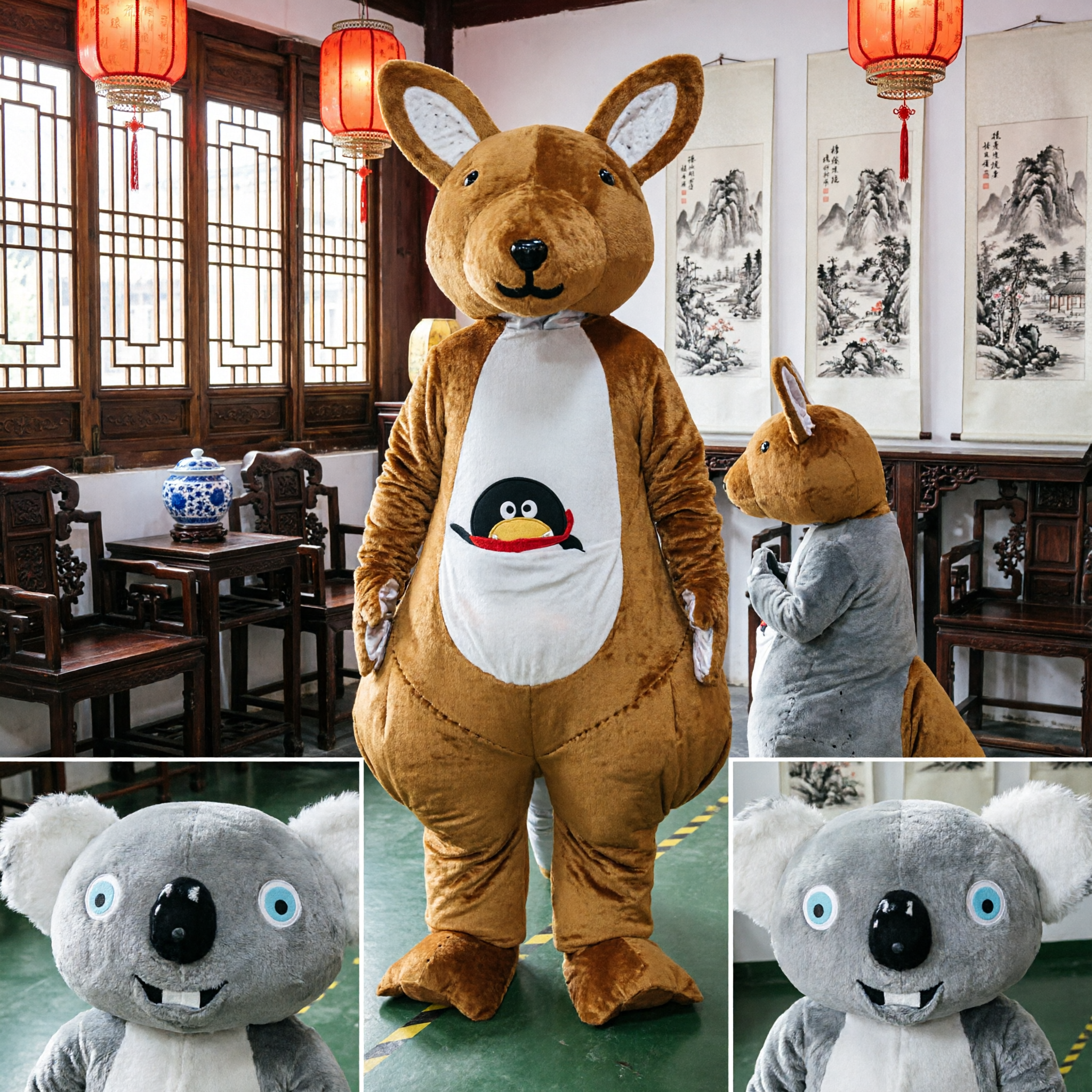 Costumes de mascotte kangourou adulte avec son petit et koala en peluche pour fêtes à thème carnaval - Asian Costume